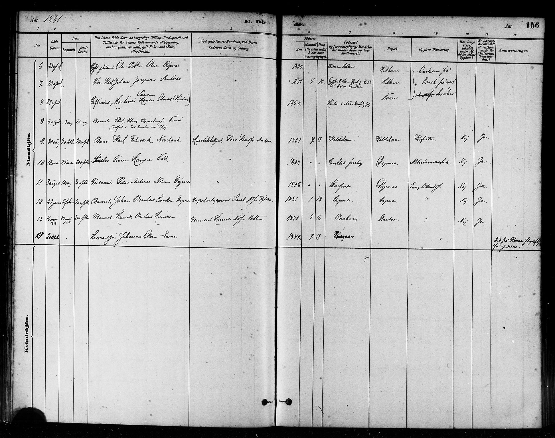 Ministerialprotokoller, klokkerbøker og fødselsregistre - Møre og Romsdal, AV/SAT-A-1454/582/L0947: Parish register (official) no. 582A01, 1880-1900, p. 156