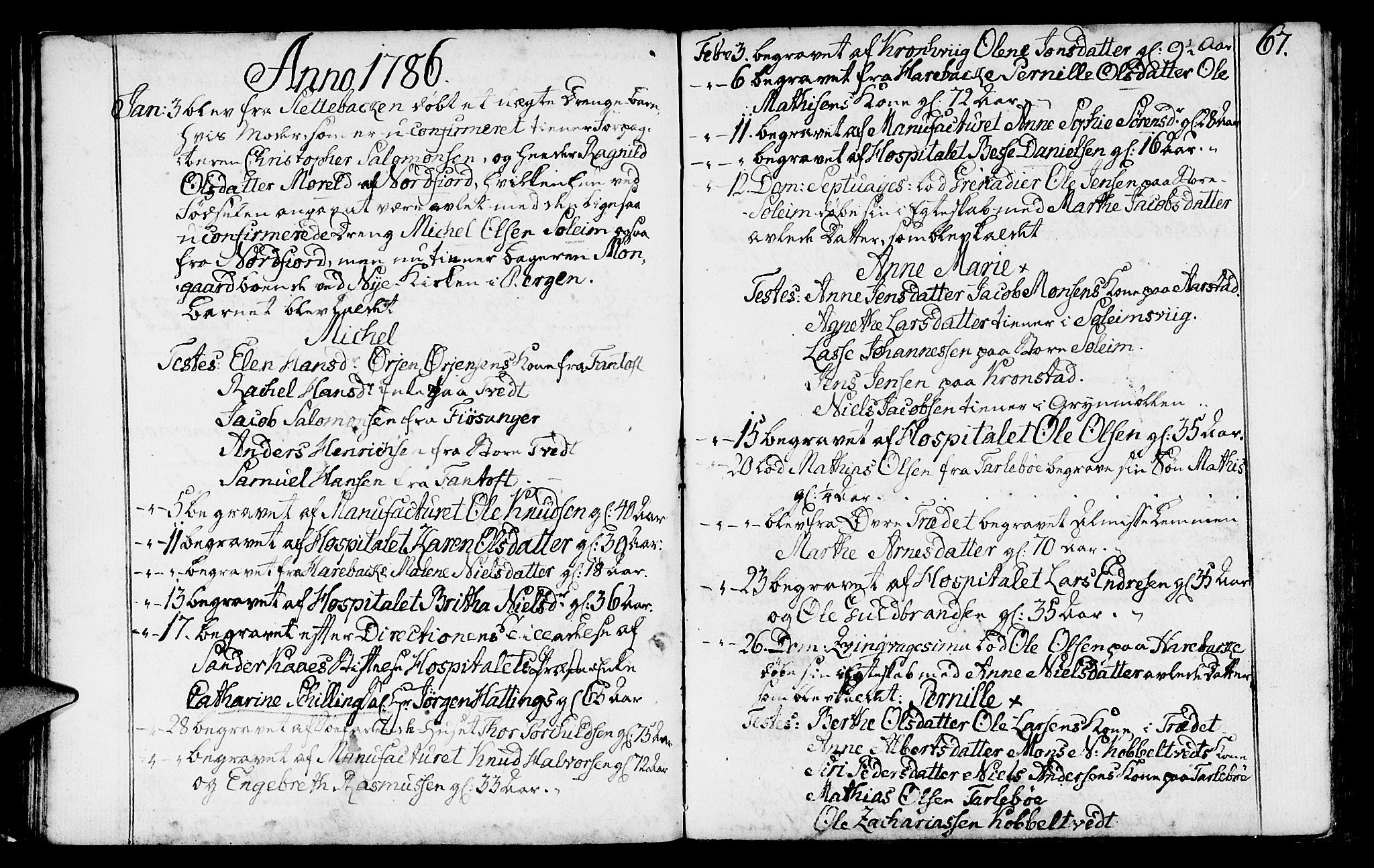 St. Jørgens hospital og Årstad sokneprestembete, AV/SAB-A-99934: Parish register (official) no. A 2, 1766-1814, p. 67