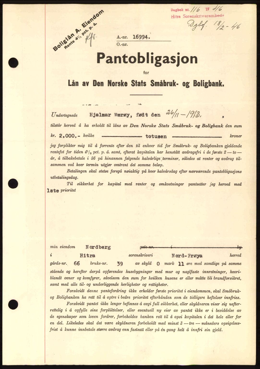 Hitra sorenskriveri, AV/SAT-A-0018/2/2C/2Ca: Mortgage book no. B1, 1939-1949, Diary no: : 116/1946