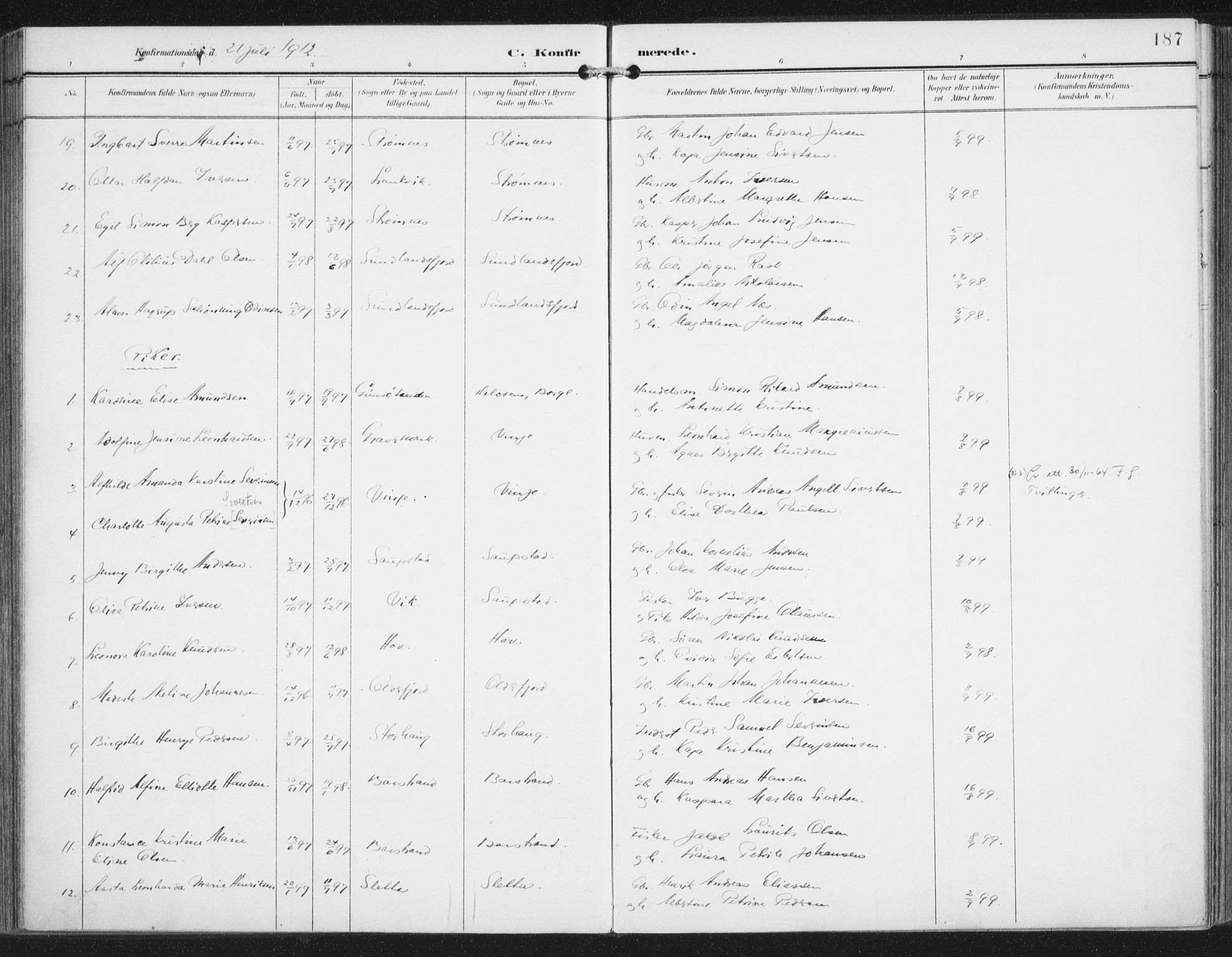 Ministerialprotokoller, klokkerbøker og fødselsregistre - Nordland, AV/SAT-A-1459/876/L1098: Parish register (official) no. 876A04, 1896-1915, p. 187