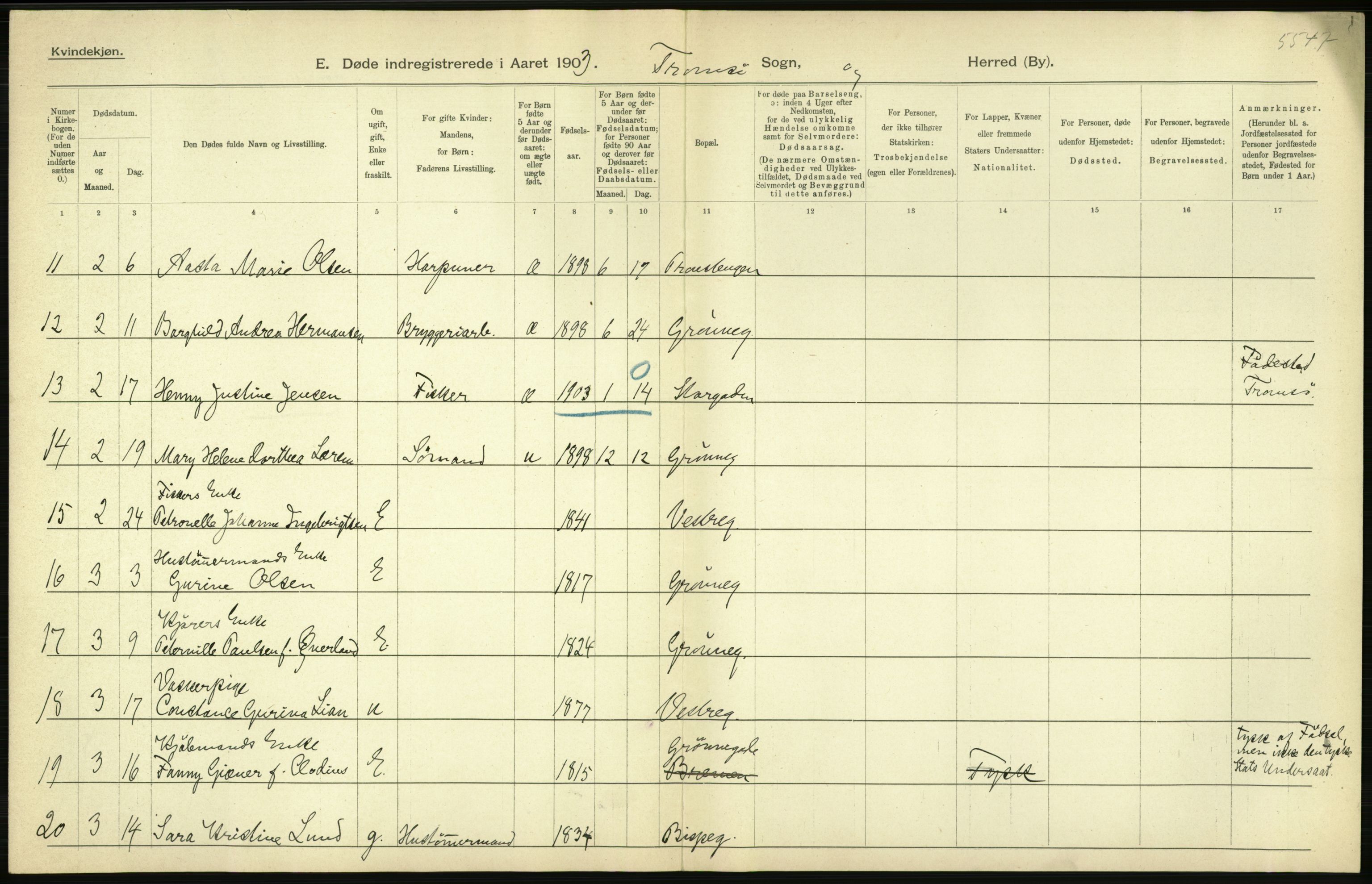 Statistisk sentralbyrå, Sosiodemografiske emner, Befolkning, AV/RA-S-2228/D/Df/Dfa/Dfaa/L0021: Tromsø amt: Fødte, gifte, døde., 1903, p. 538