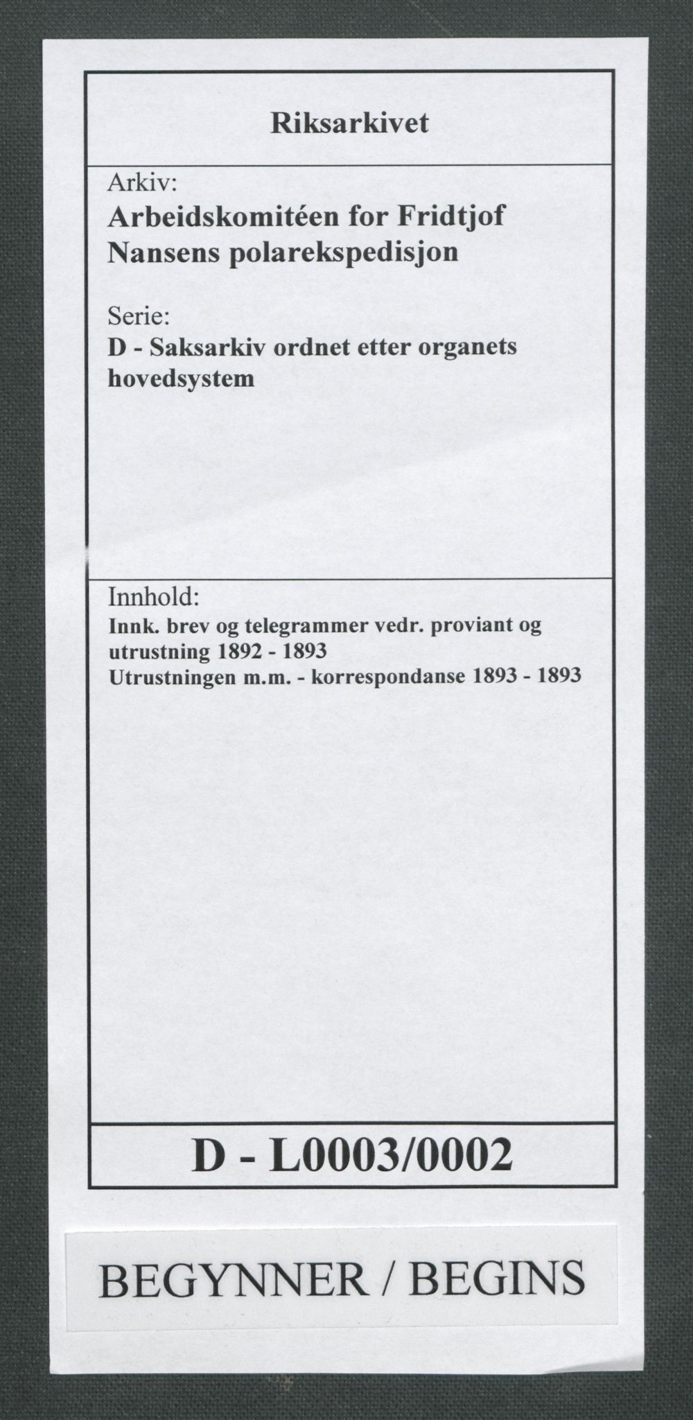 Arbeidskomitéen for Fridtjof Nansens polarekspedisjon, RA/PA-0061/D/L0003/0002: Innk. brev og telegrammer vedr. proviant og utrustning / Utrustningen m.m. - korrespondanse, 1893, p. 1