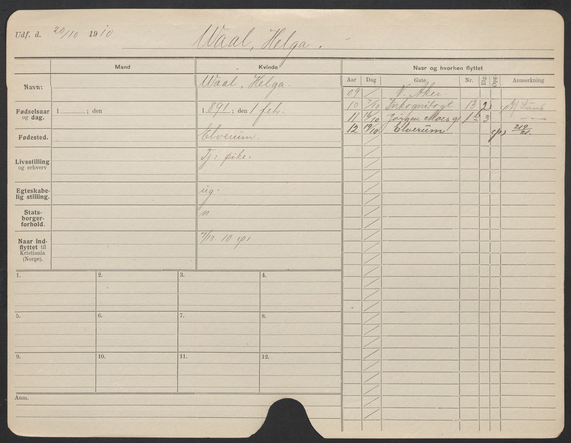 Oslo folkeregister, Registerkort, AV/SAO-A-11715/F/Fa/Fac/L0025: Kvinner, 1906-1914, p. 499a