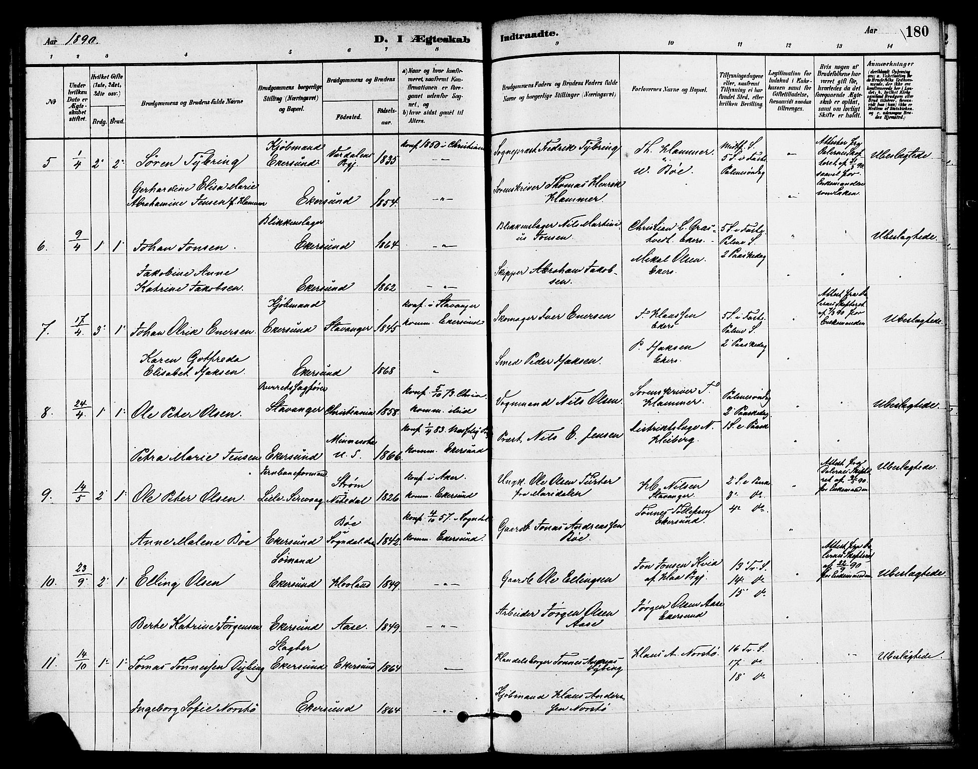 Eigersund sokneprestkontor, AV/SAST-A-101807/S08/L0015: Parish register (official) no. A 15, 1879-1892, p. 180