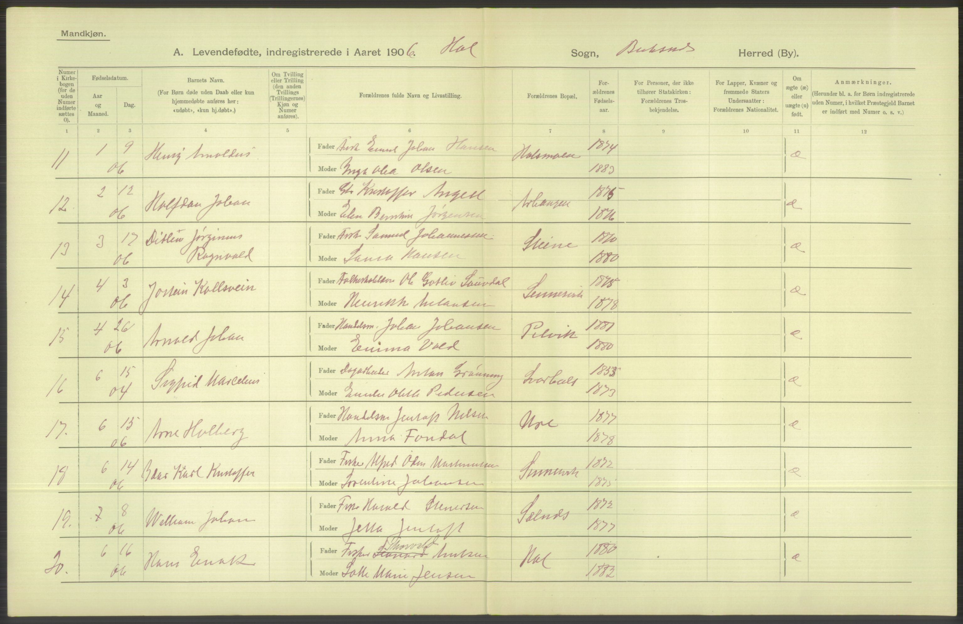 Statistisk sentralbyrå, Sosiodemografiske emner, Befolkning, AV/RA-S-2228/D/Df/Dfa/Dfad/L0044: Nordlands amt: Levendefødte menn og kvinner. Bygder., 1906, p. 138