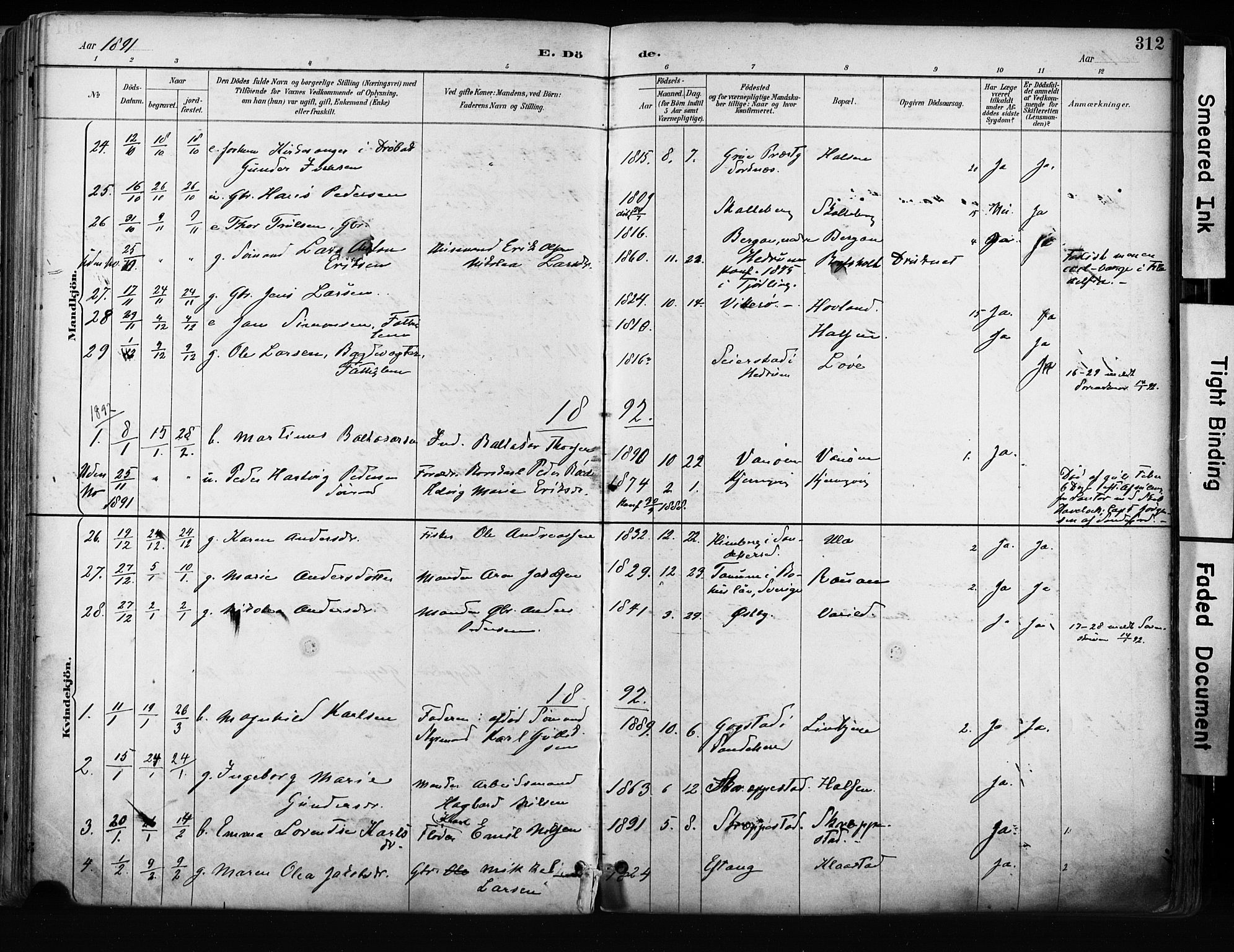 Tjølling kirkebøker, AV/SAKO-A-60/F/Fa/L0009: Parish register (official) no. 9, 1887-1905, p. 312