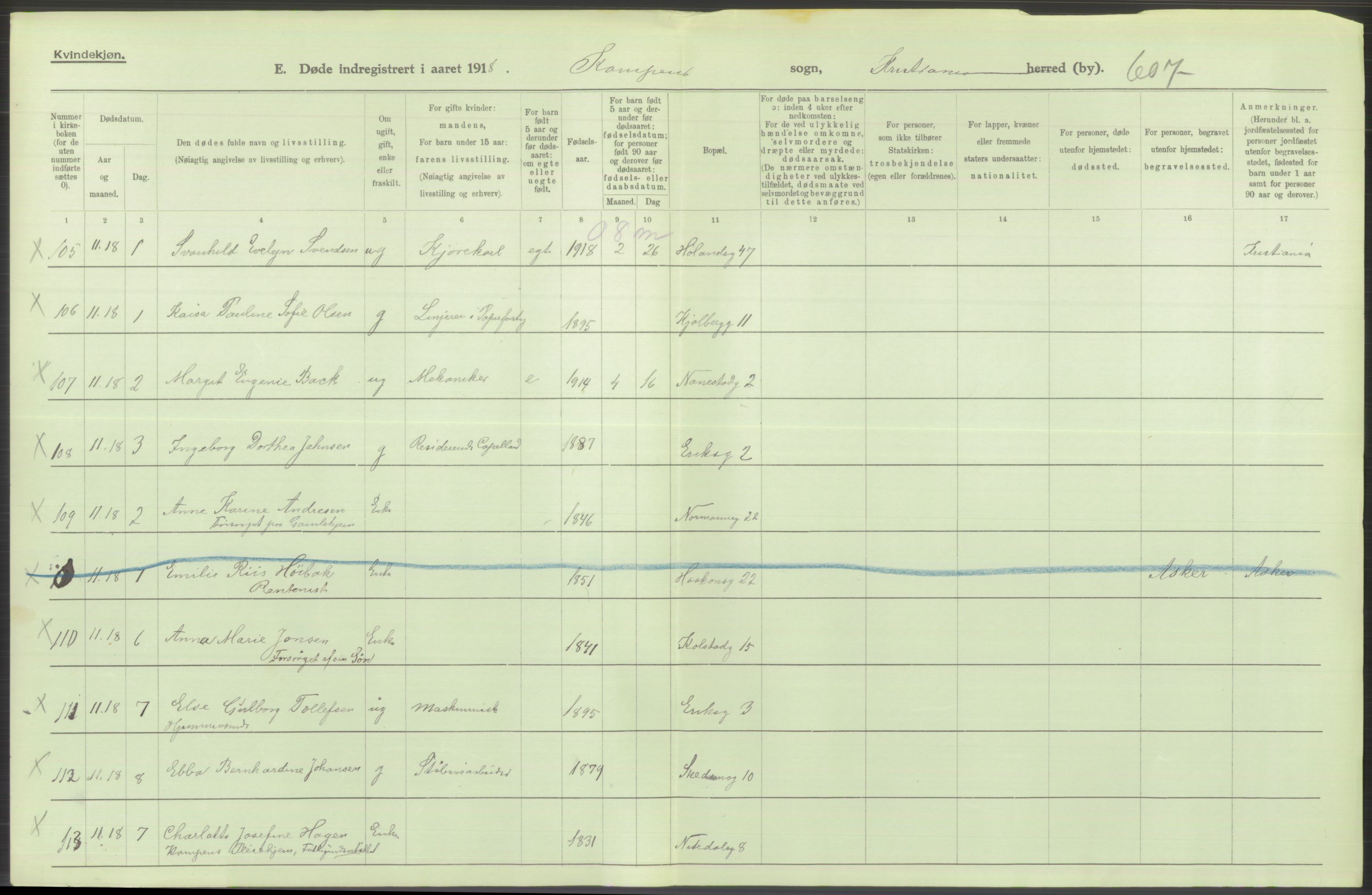 Statistisk sentralbyrå, Sosiodemografiske emner, Befolkning, AV/RA-S-2228/D/Df/Dfb/Dfbh/L0011: Kristiania: Døde, dødfødte, 1918, p. 560