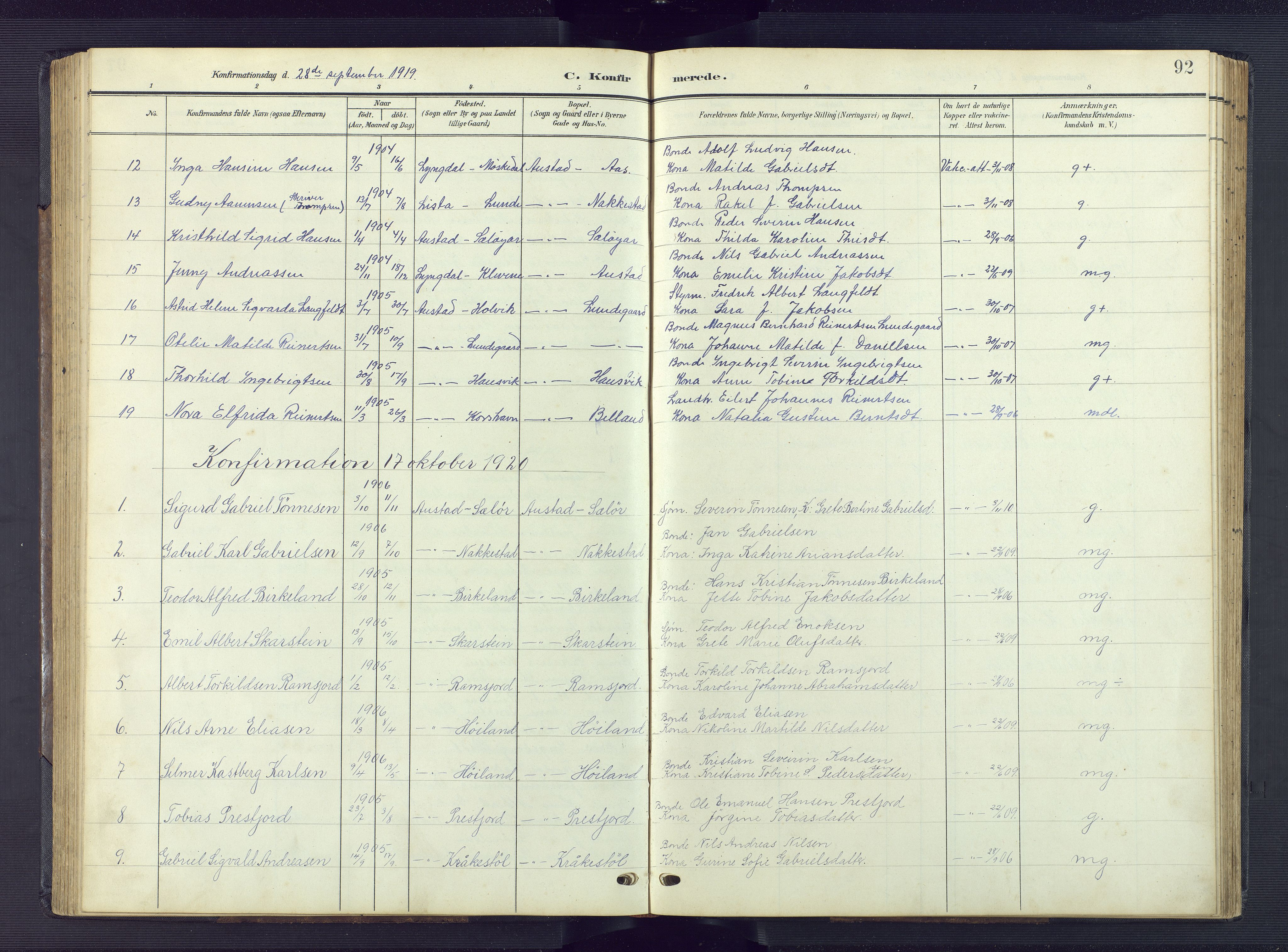 Lyngdal sokneprestkontor, AV/SAK-1111-0029/F/Fb/Fba/L0004: Parish register (copy) no. B 4, 1904-1950, p. 92
