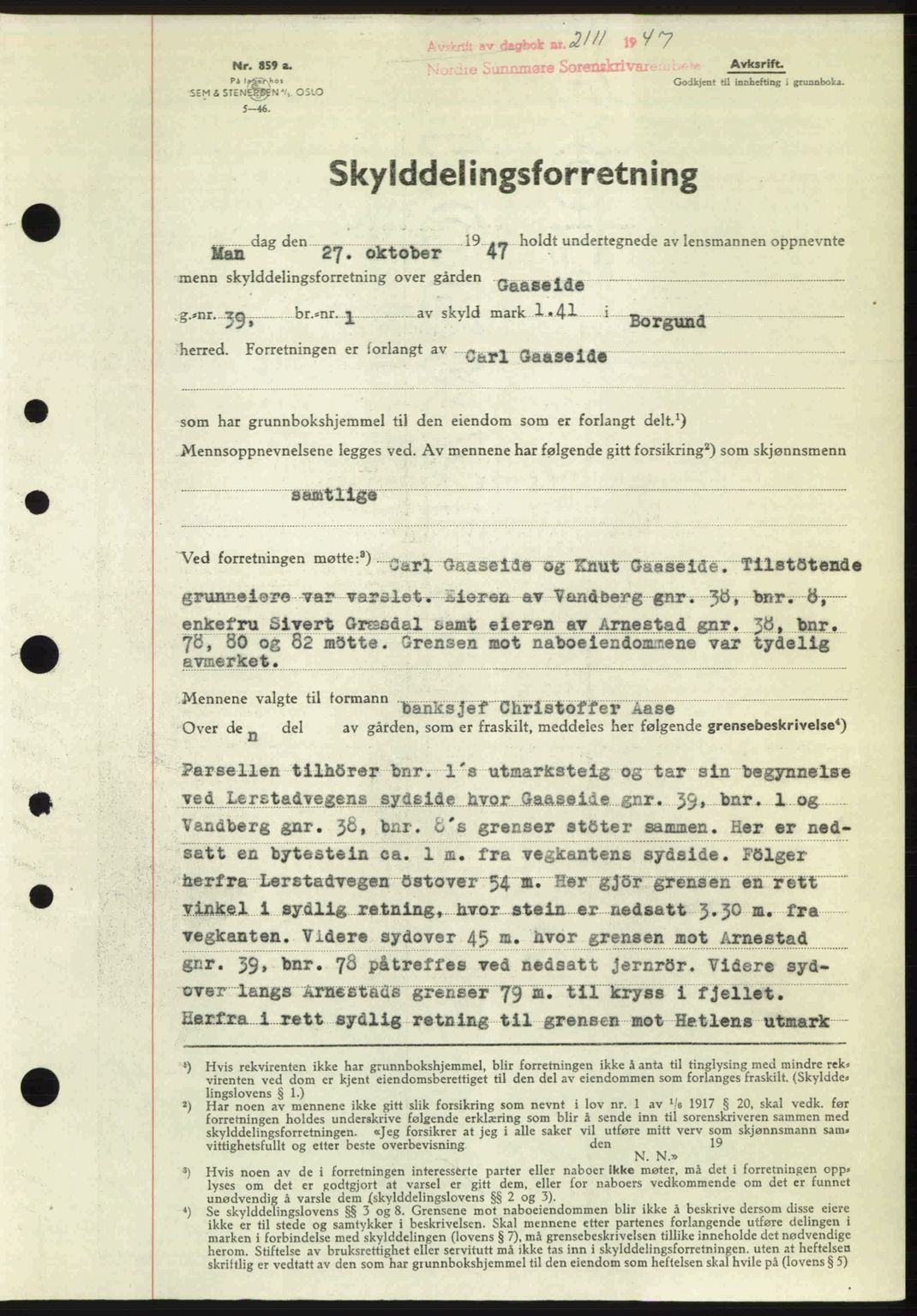 Nordre Sunnmøre sorenskriveri, AV/SAT-A-0006/1/2/2C/2Ca: Mortgage book no. A26, 1947-1948, Diary no: : 2111/1947