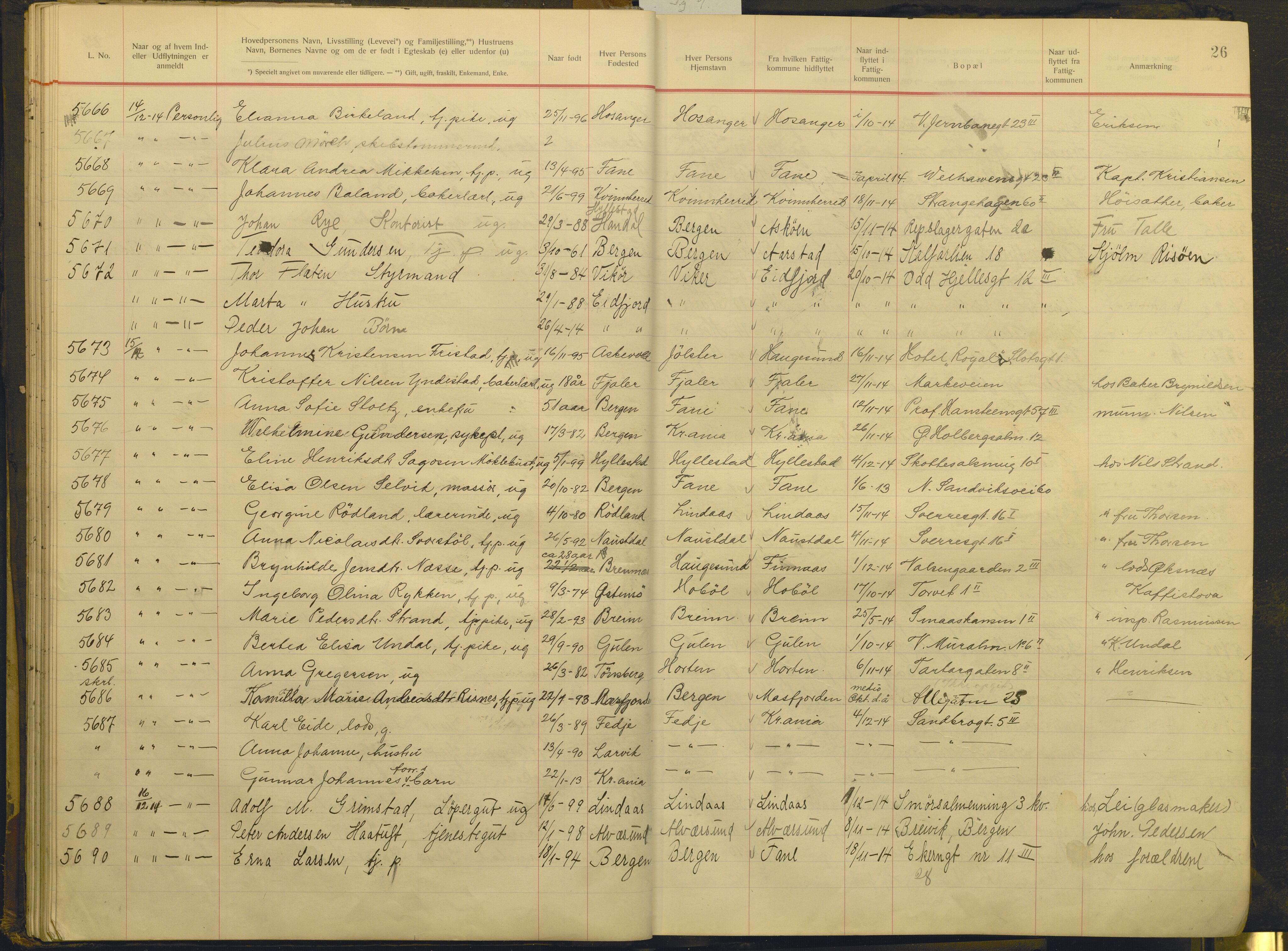 Bergen politikammer / politidistrikt, AV/SAB-A-60401/J.g/L0009: Protokoll over innflyttede, 1914-1917, p. 26