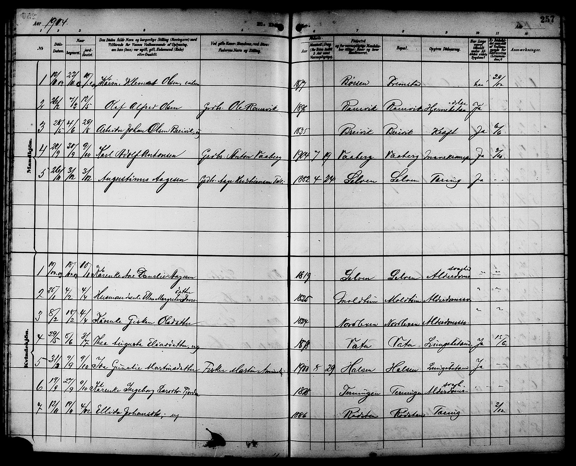 Ministerialprotokoller, klokkerbøker og fødselsregistre - Sør-Trøndelag, SAT/A-1456/662/L0757: Parish register (copy) no. 662C02, 1892-1918, p. 257
