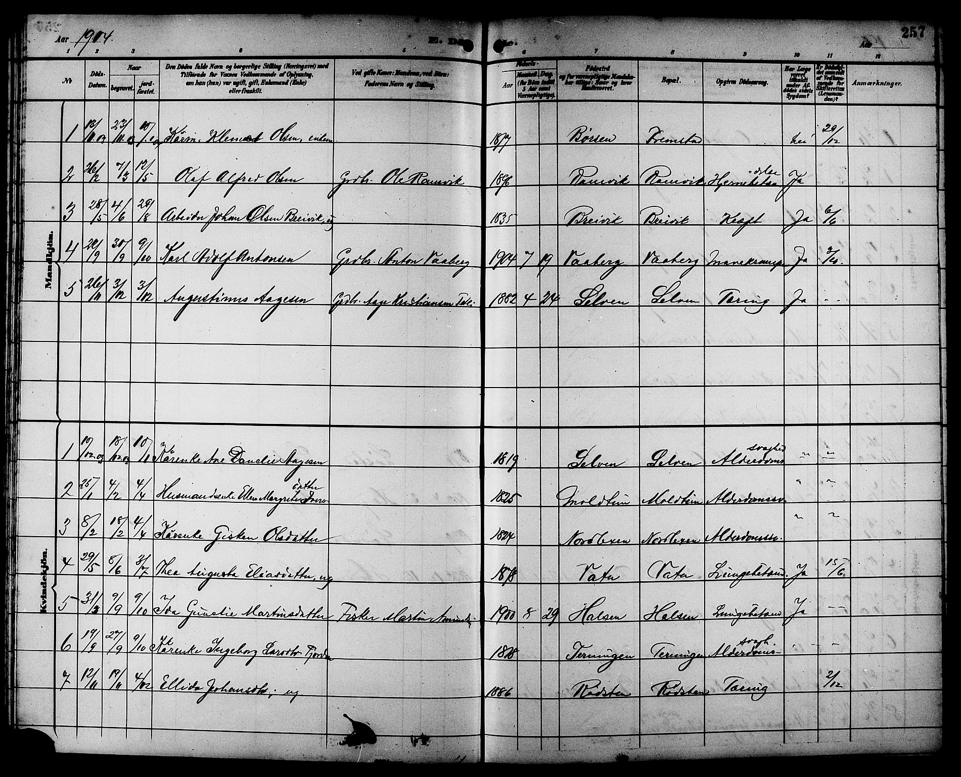 Ministerialprotokoller, klokkerbøker og fødselsregistre - Sør-Trøndelag, AV/SAT-A-1456/662/L0757: Parish register (copy) no. 662C02, 1892-1918, p. 257