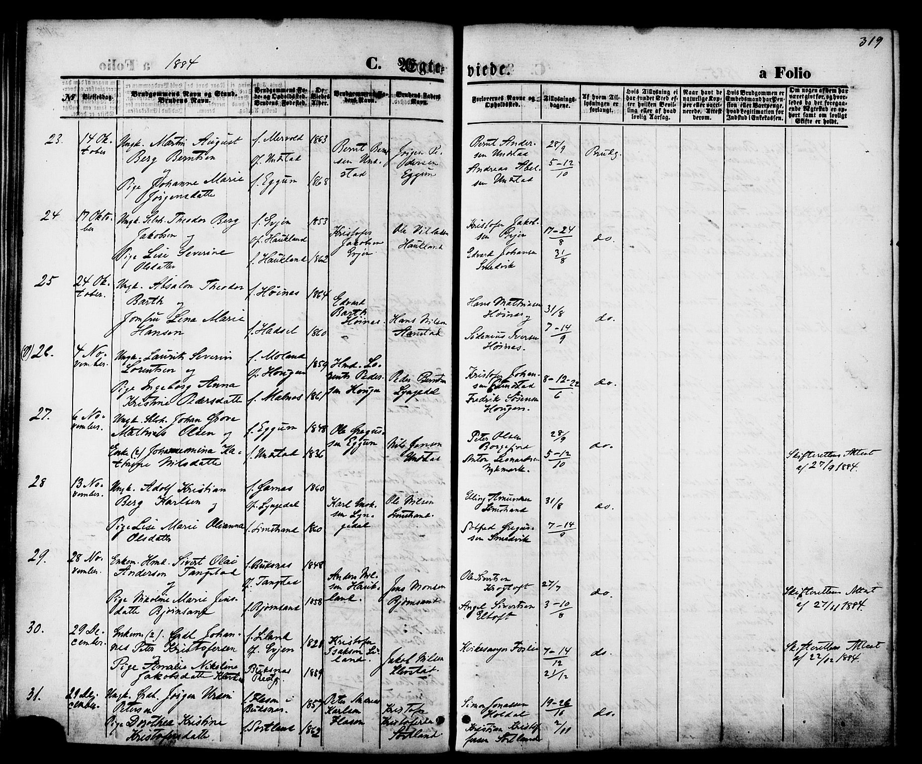 Ministerialprotokoller, klokkerbøker og fødselsregistre - Nordland, AV/SAT-A-1459/880/L1132: Parish register (official) no. 880A06, 1869-1887, p. 319