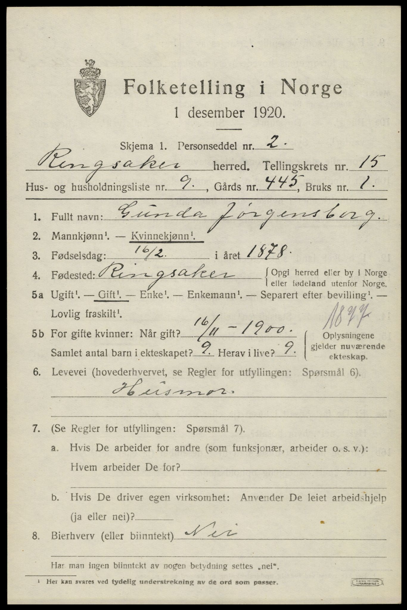 SAH, 1920 census for Ringsaker, 1920, p. 21946