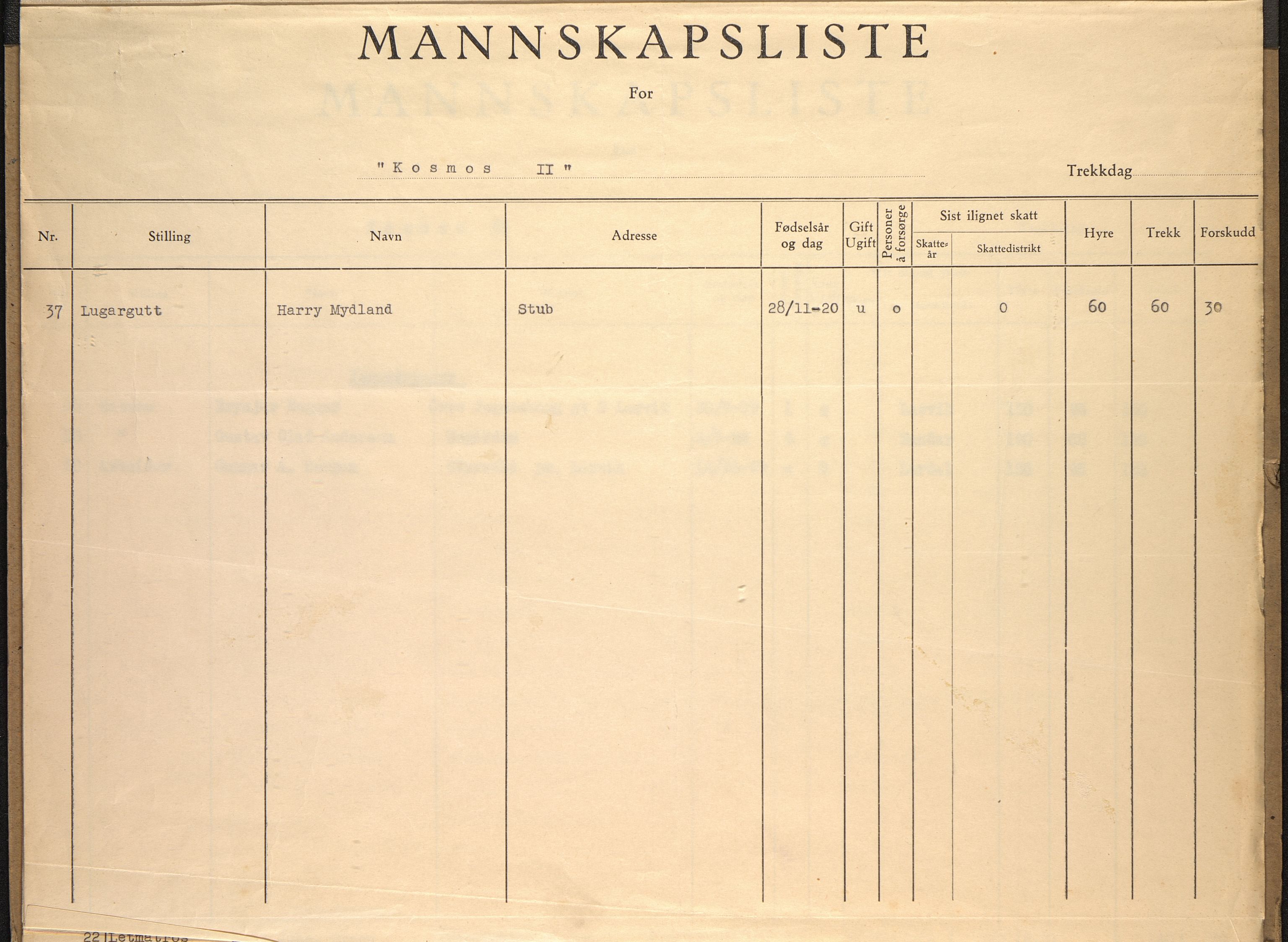 Kosmos AS, VEMU/ARS-A-1052/P/Pa/Pac/L0005: Mannskapsliste. Kosmos II, 1938-1939