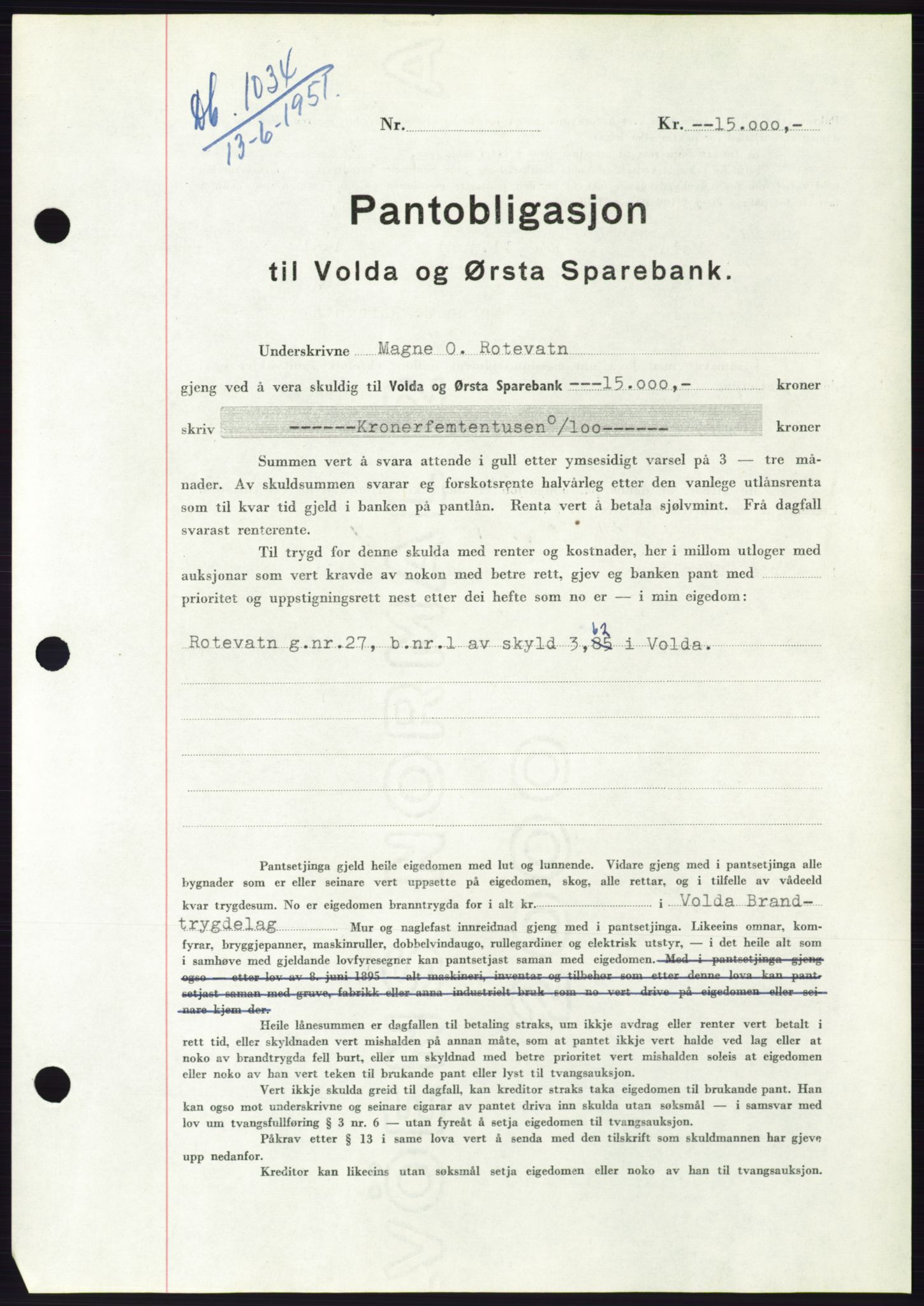 Søre Sunnmøre sorenskriveri, AV/SAT-A-4122/1/2/2C/L0120: Mortgage book no. 8B, 1951-1951, Diary no: : 1034/1951