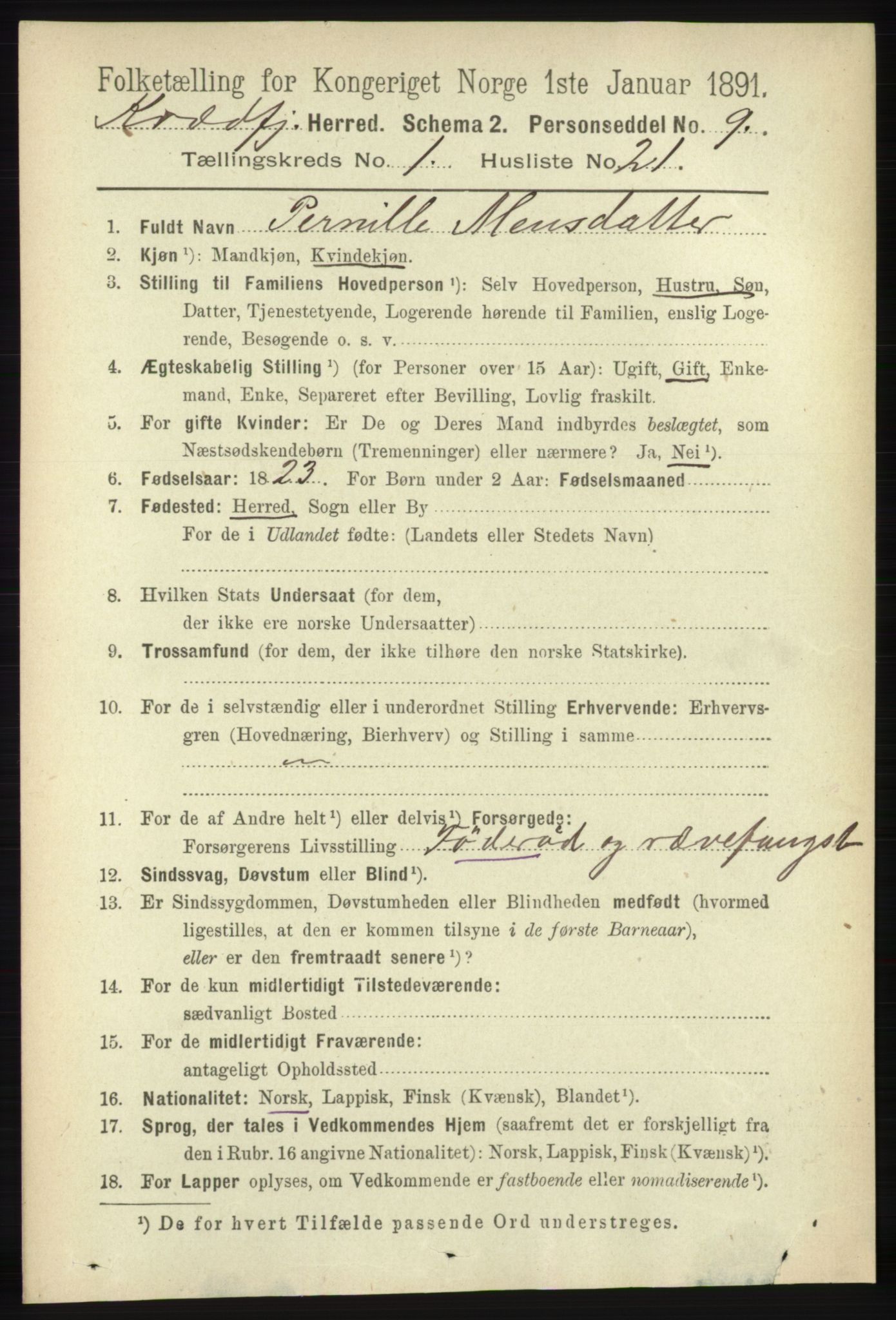 RA, 1891 census for 1911 Kvæfjord, 1891, p. 238