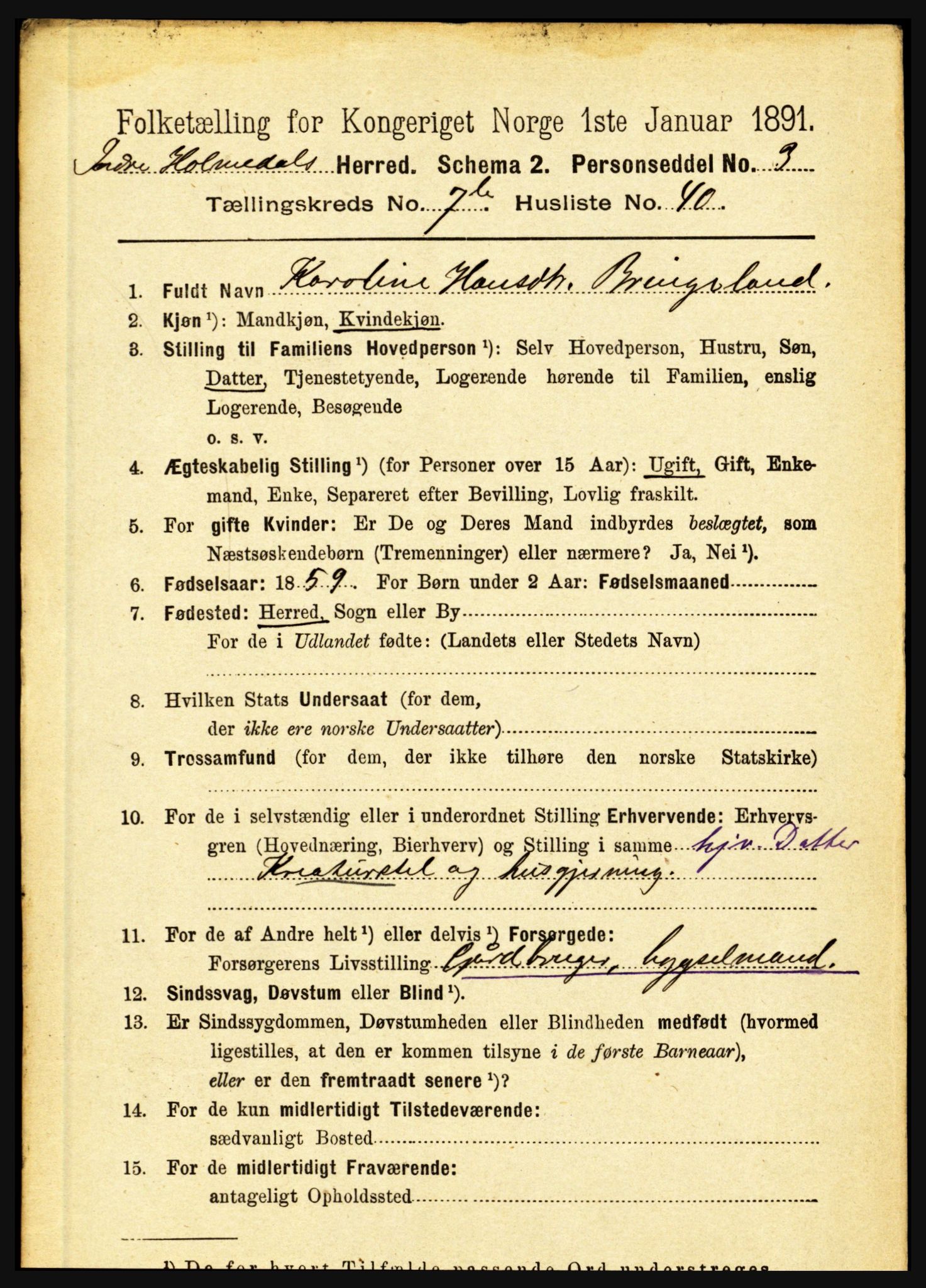 RA, 1891 census for 1430 Indre Holmedal, 1891, p. 3307