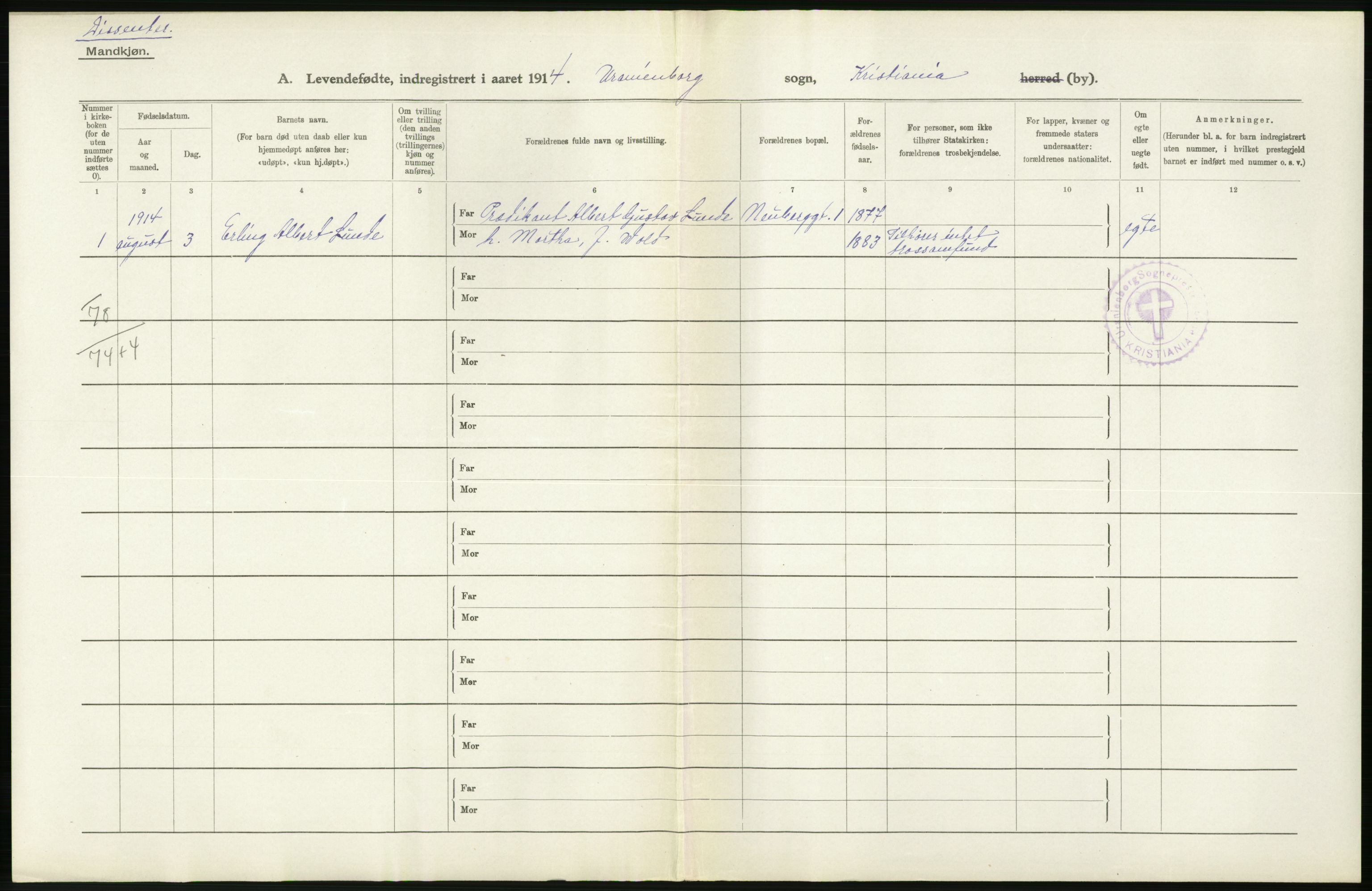 Statistisk sentralbyrå, Sosiodemografiske emner, Befolkning, AV/RA-S-2228/D/Df/Dfb/Dfbd/L0006: Kristiania: Levendefødte menn og kvinner., 1914, p. 260