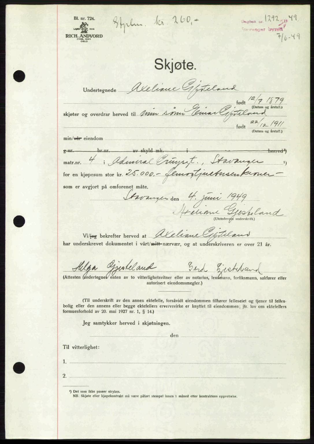 Stavanger byrett, SAST/A-100455/002/G/Gb/L0023: Mortgage book no. A12, 1948-1949, Diary no: : 1292/1949