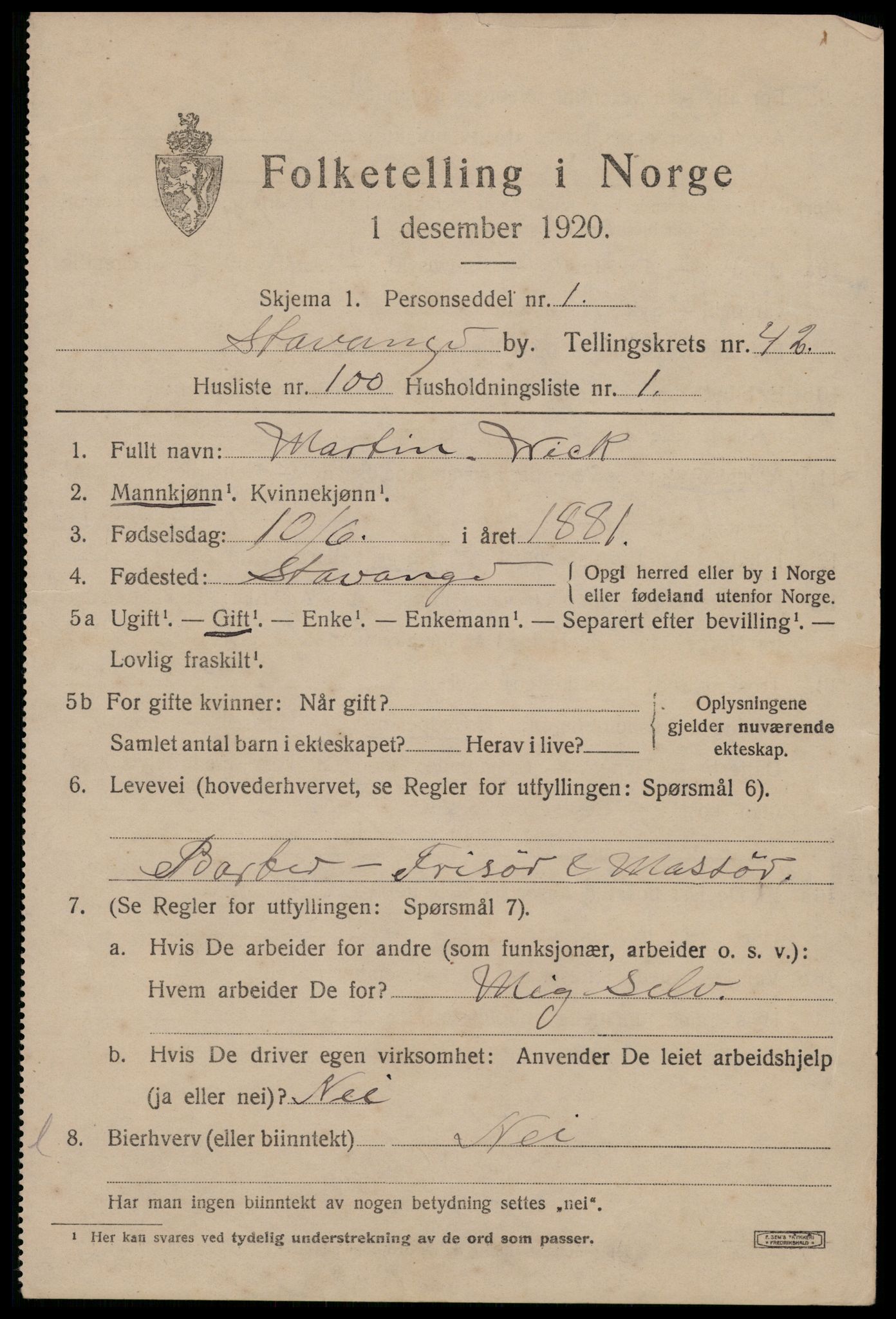 SAST, 1920 census for Stavanger, 1920, p. 106796