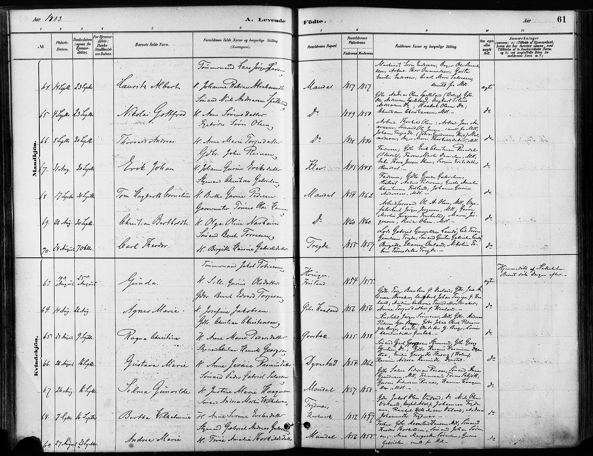 Mandal sokneprestkontor, SAK/1111-0030/F/Fa/Faa/L0016: Parish register (official) no. A 16, 1880-1890, p. 61