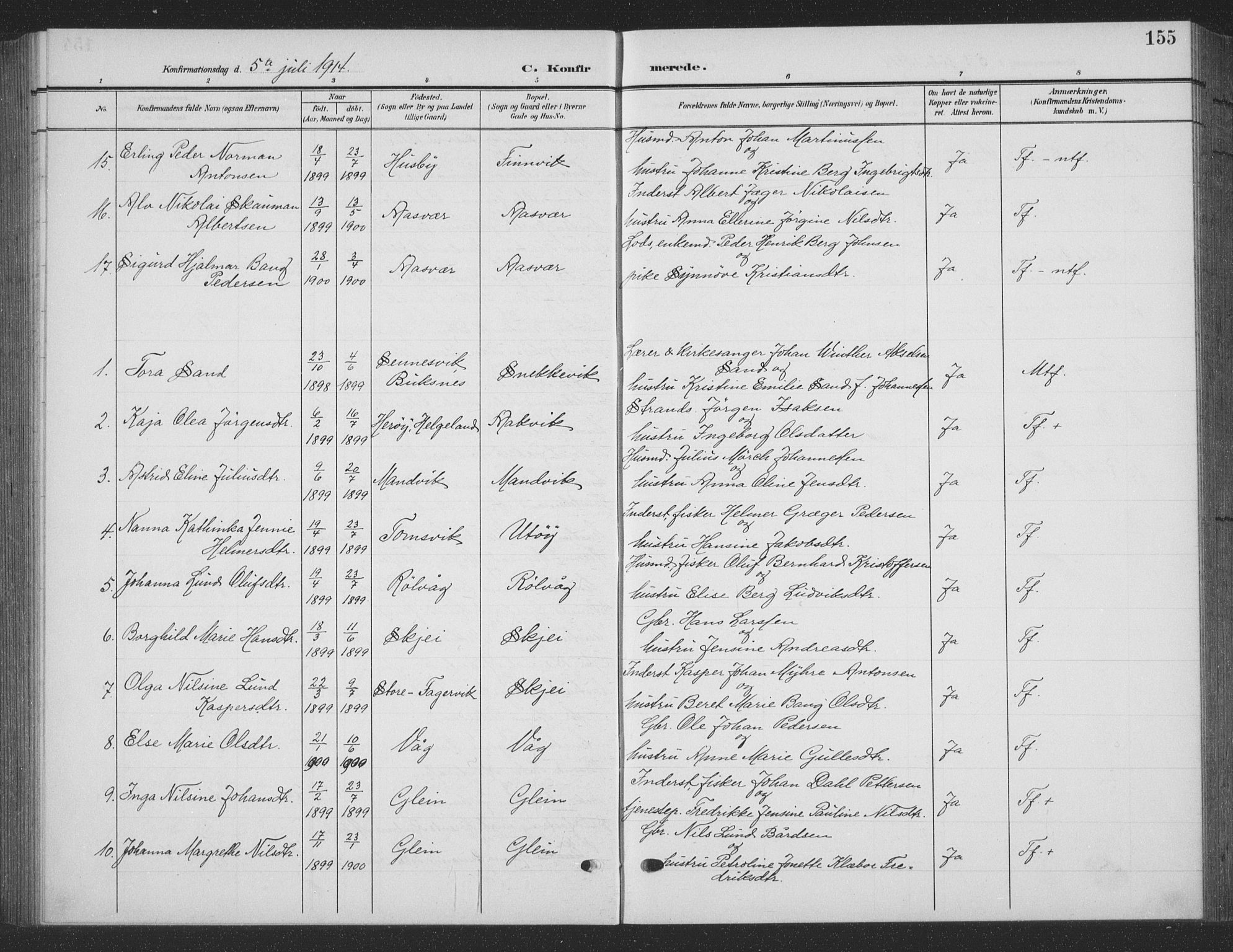 Ministerialprotokoller, klokkerbøker og fødselsregistre - Nordland, AV/SAT-A-1459/835/L0533: Parish register (copy) no. 835C05, 1906-1939, p. 155