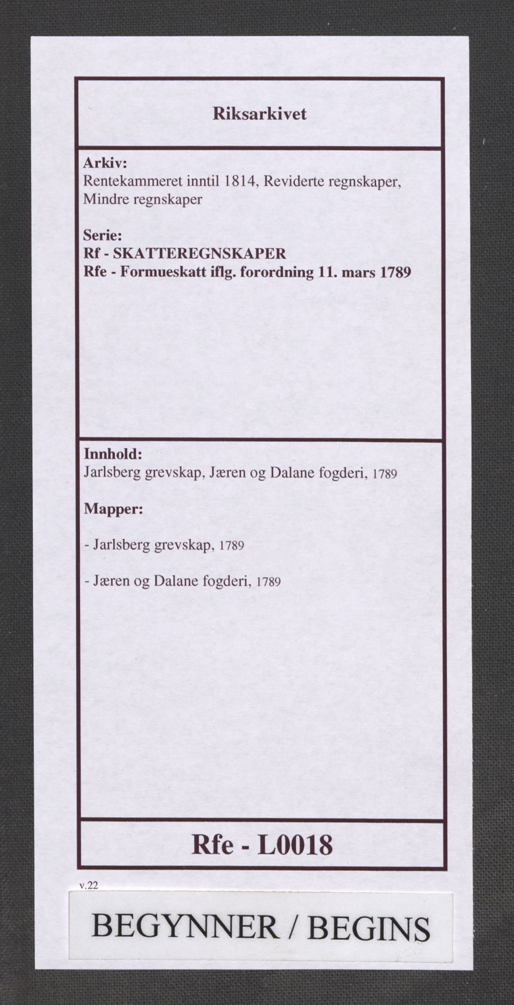 Rentekammeret inntil 1814, Reviderte regnskaper, Mindre regnskaper, AV/RA-EA-4068/Rf/Rfe/L0018: Jarlsberg grevskap, Jæren og Dalane fogderi, 1789, p. 1