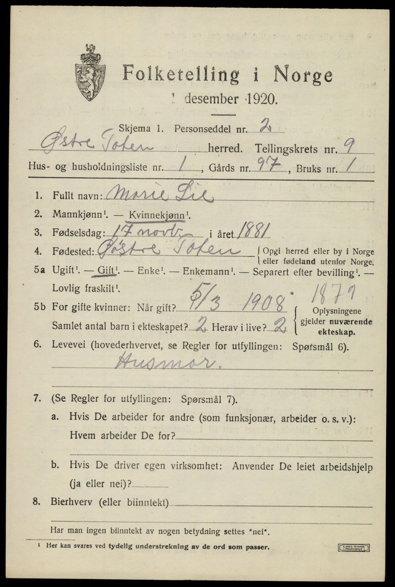 SAH, 1920 census for Østre Toten, 1920, p. 18140