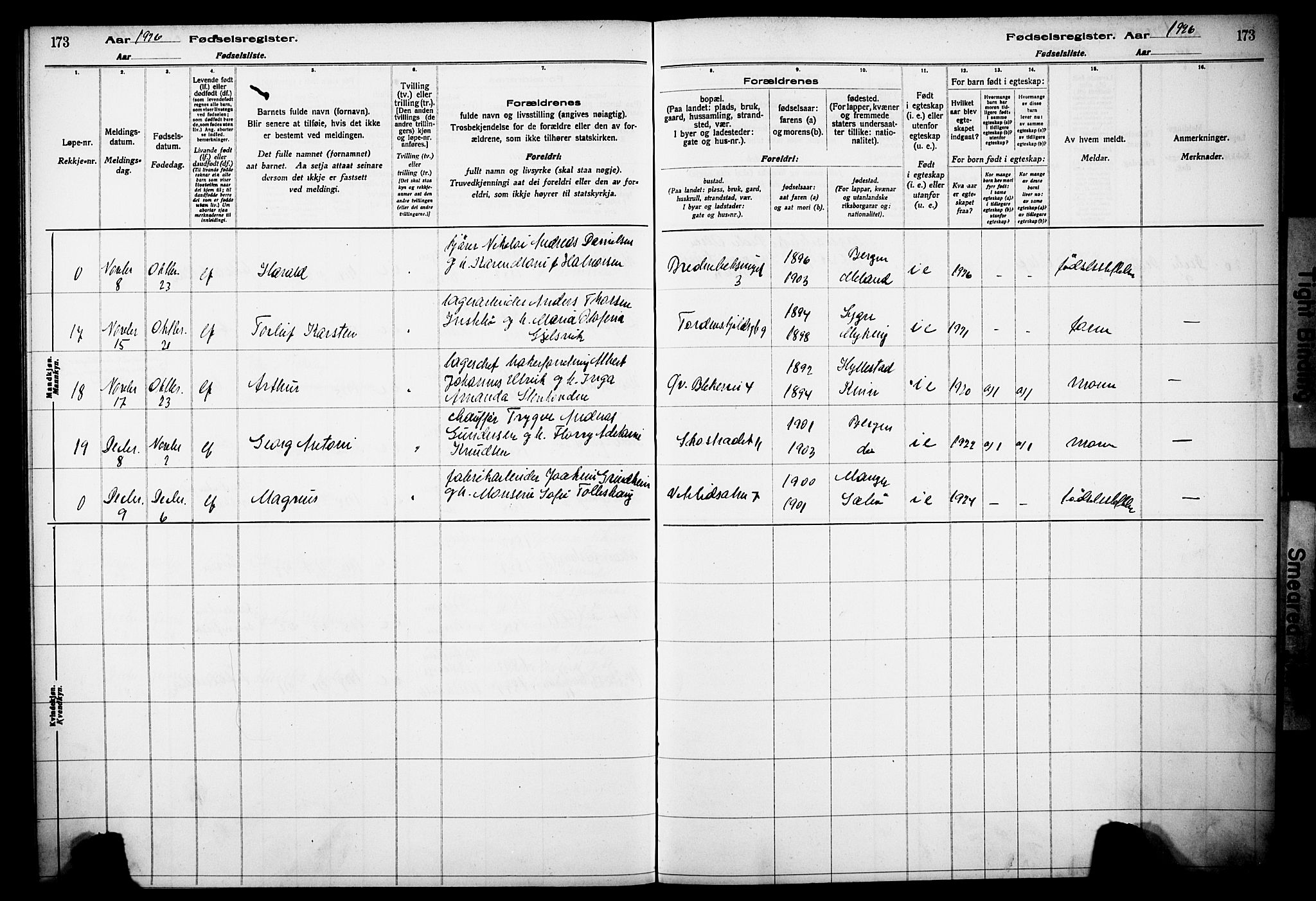 Korskirken sokneprestembete, AV/SAB-A-76101/I/Id/L00A1: Birth register no. A 1, 1916-1929, p. 173