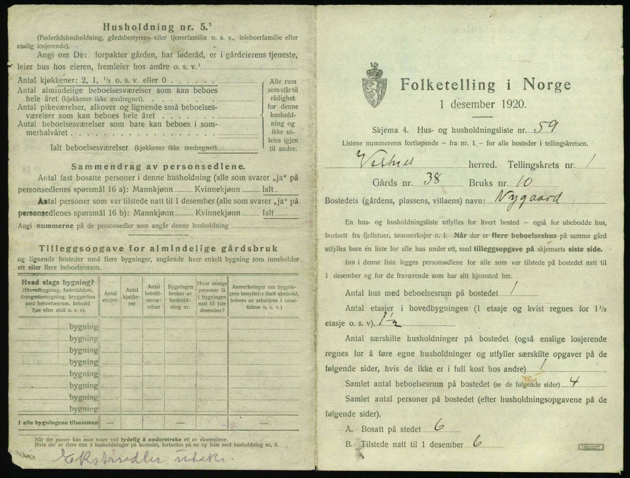 SAT, 1920 census for Vestnes, 1920, p. 159