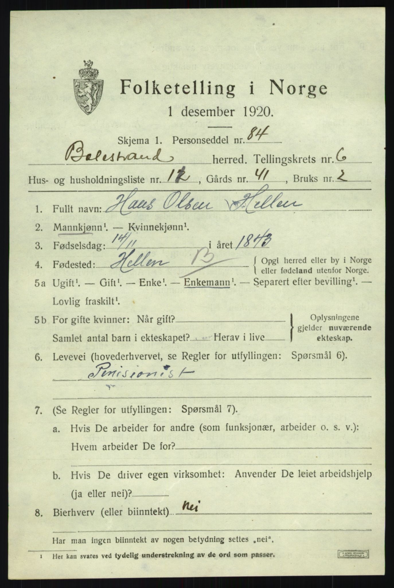 SAB, 1920 census for Balestrand, 1920, p. 3024