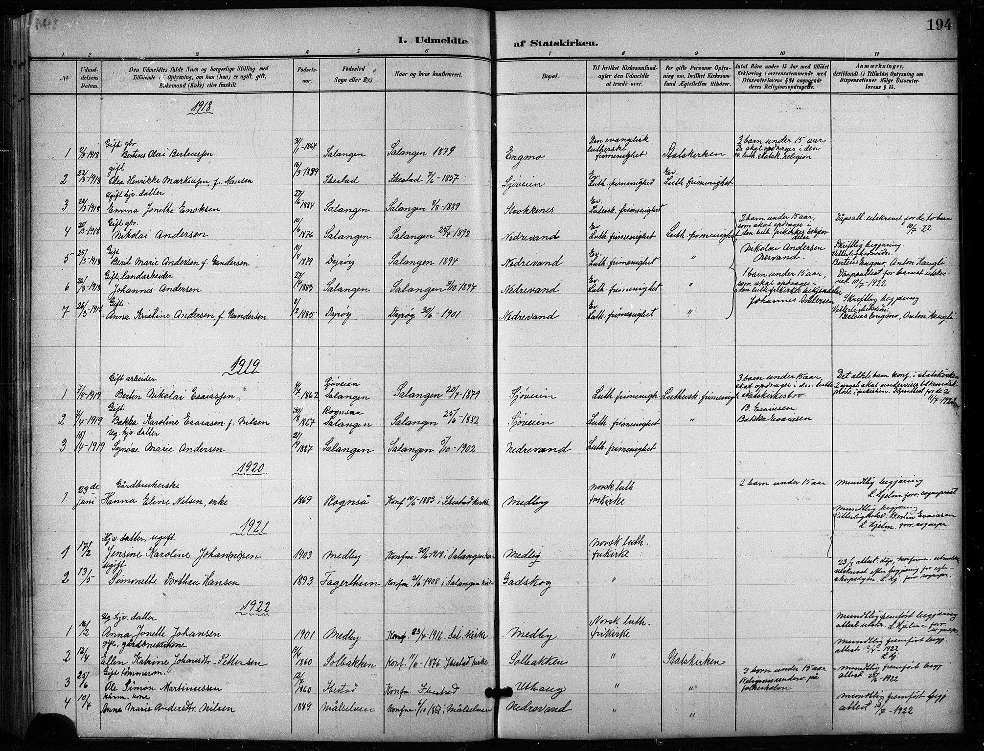 Salangen sokneprestembete, SATØ/S-1324/H/Ha/L0004klokker: Parish register (copy) no. 4, 1900-1924, p. 194