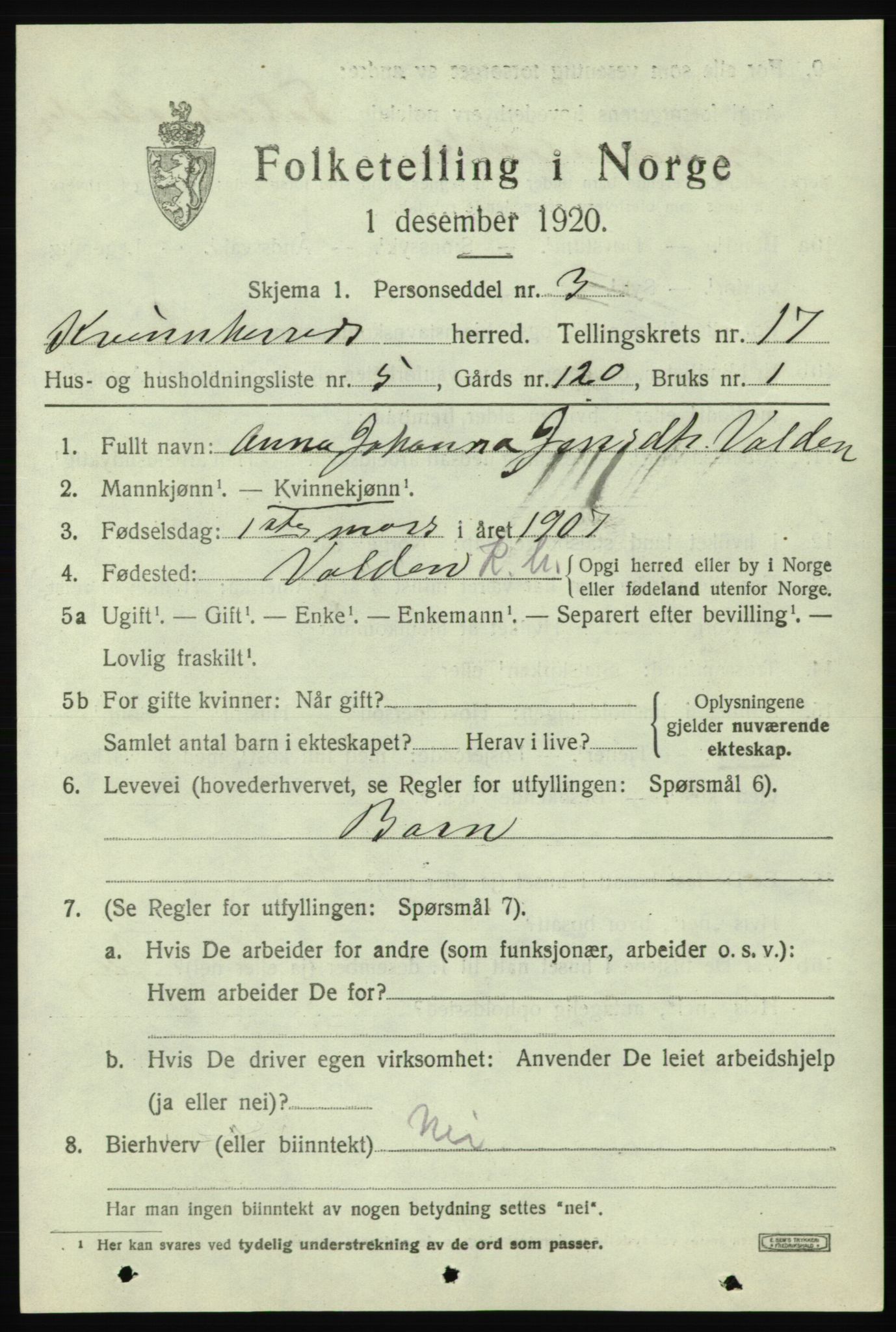 SAB, 1920 census for Kvinnherad, 1920, p. 10476