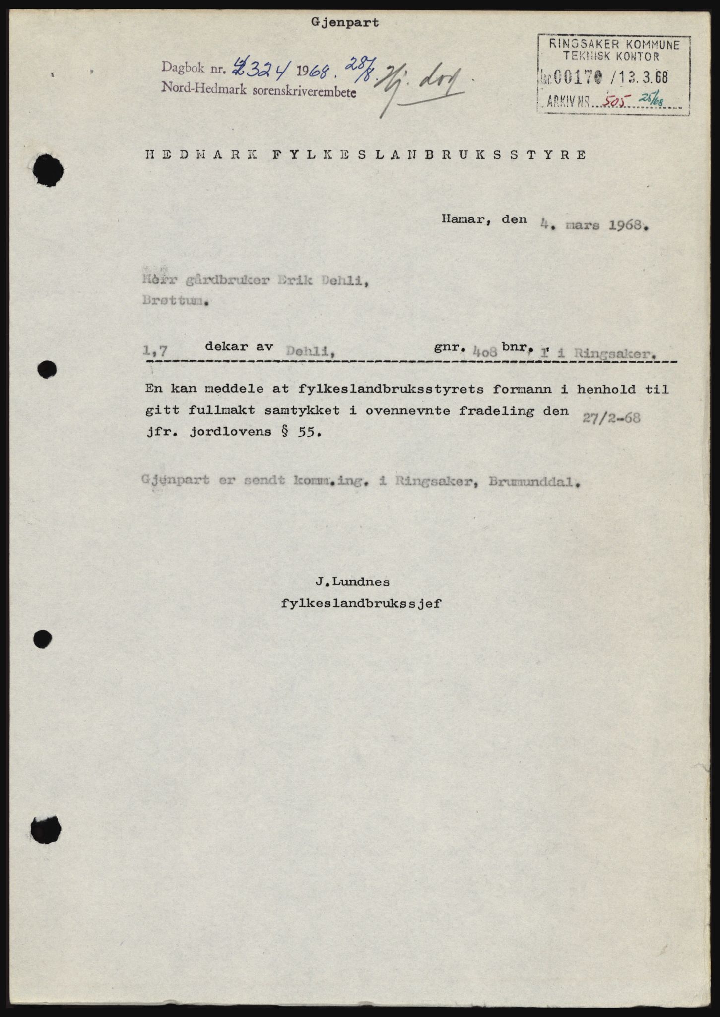 Nord-Hedmark sorenskriveri, SAH/TING-012/H/Hc/L0028: Mortgage book no. 28, 1968-1968, Diary no: : 4324/1968