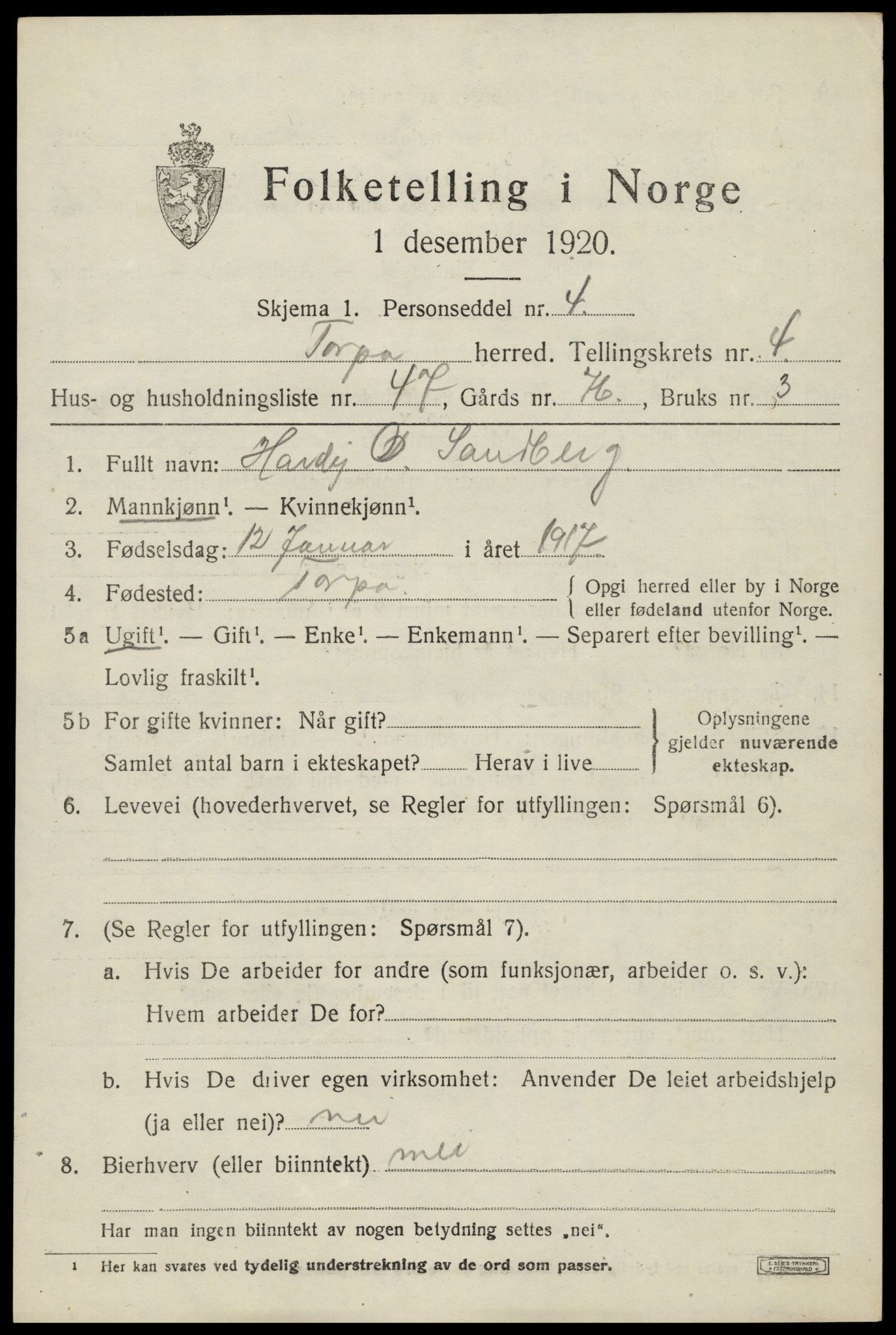 SAH, 1920 census for Torpa, 1920, p. 3485