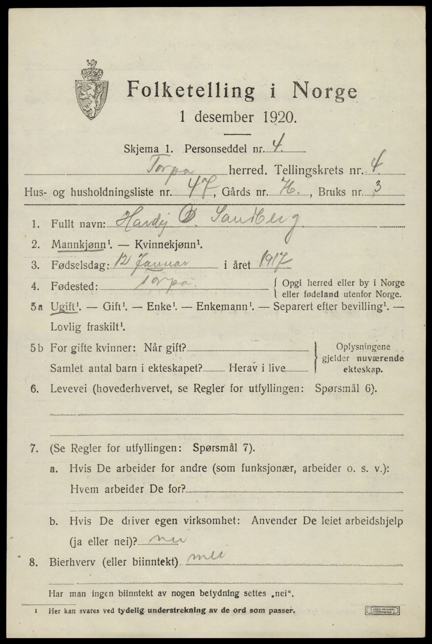 SAH, 1920 census for Torpa, 1920, p. 3485
