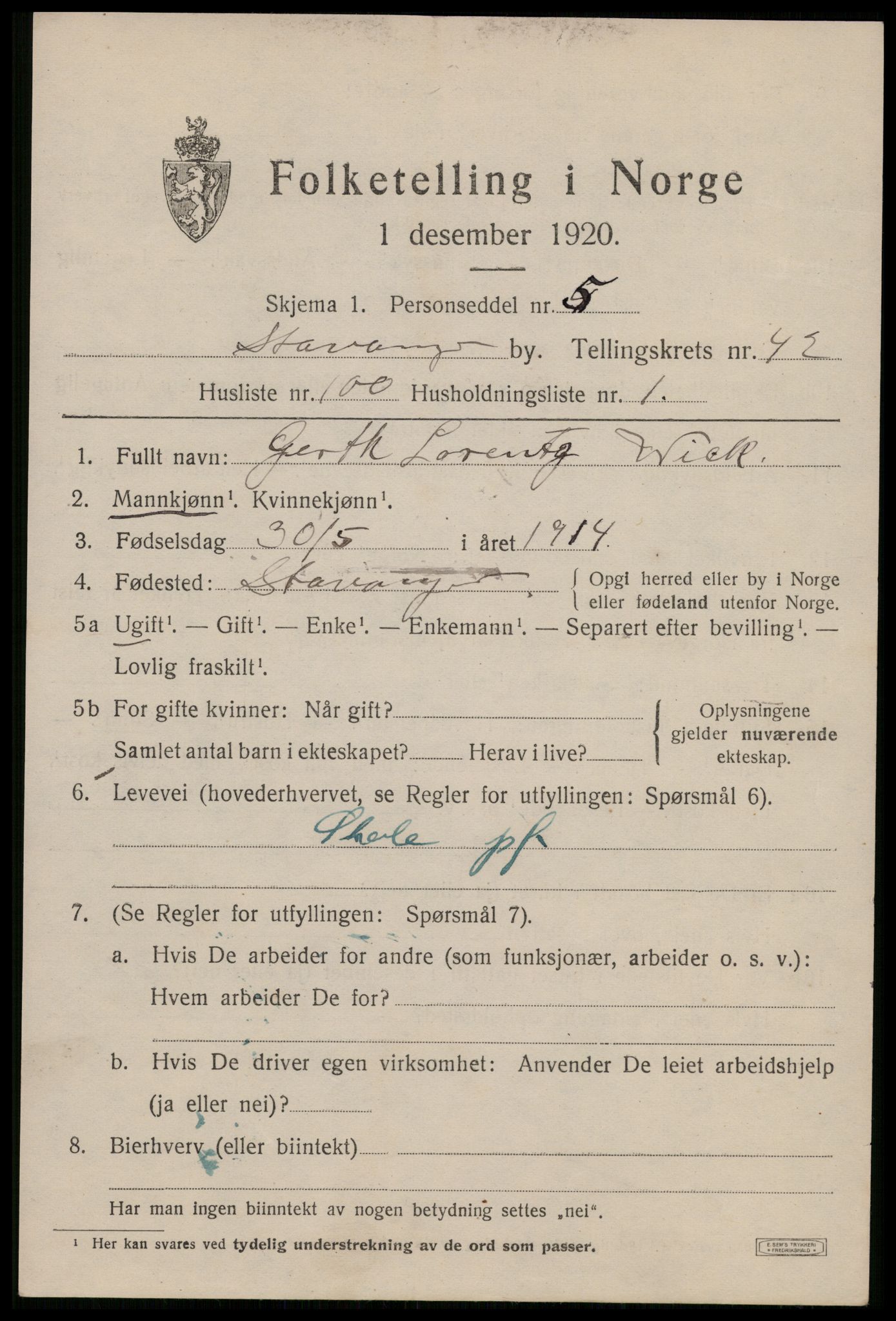 SAST, 1920 census for Stavanger, 1920, p. 106804