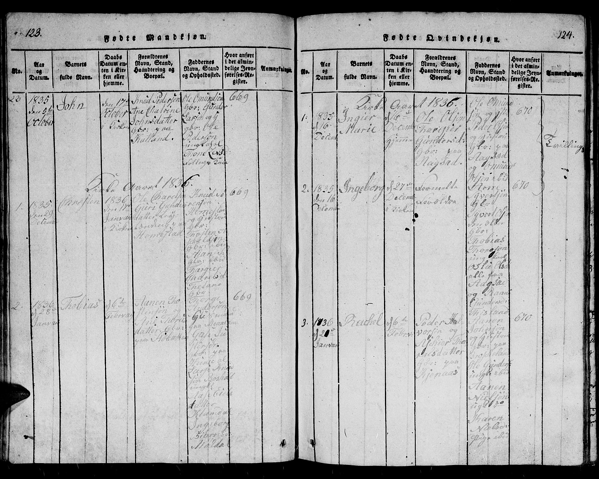 Holum sokneprestkontor, AV/SAK-1111-0022/F/Fb/Fbb/L0001: Parish register (copy) no. B 1, 1820-1847, p. 123-124