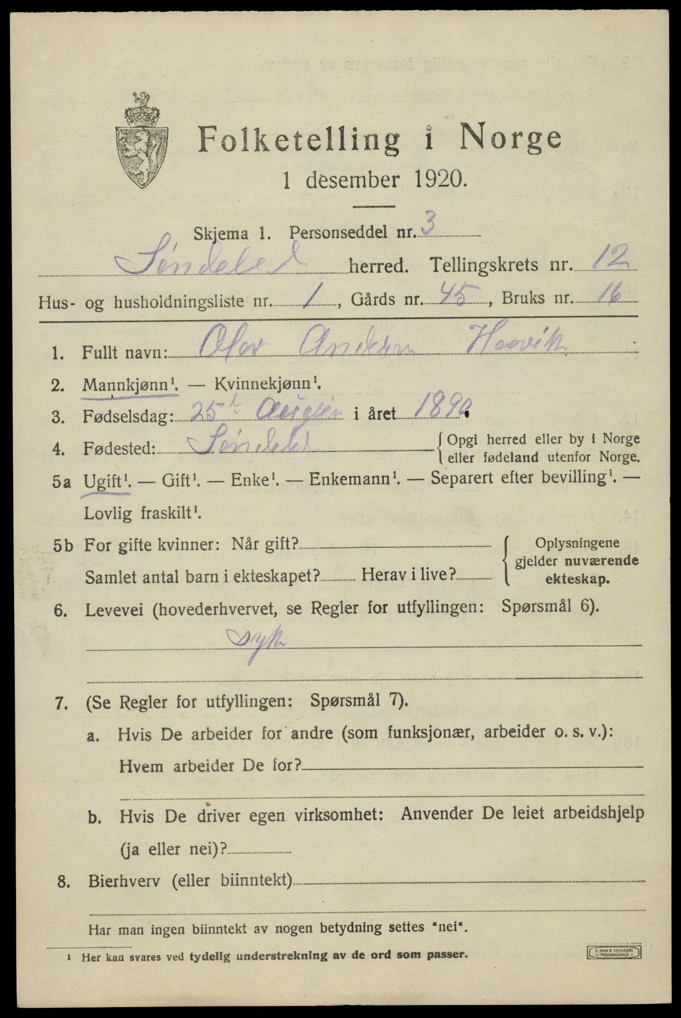 SAK, 1920 census for Søndeled, 1920, p. 5837