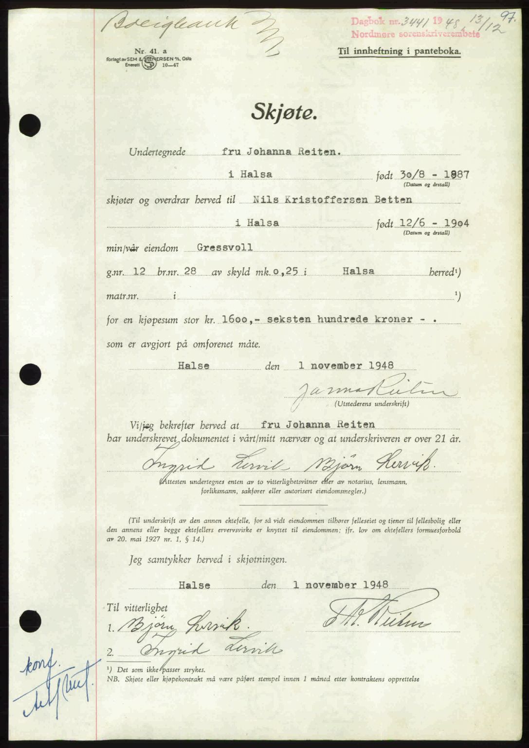 Nordmøre sorenskriveri, AV/SAT-A-4132/1/2/2Ca: Mortgage book no. A110, 1948-1949, Diary no: : 3441/1948