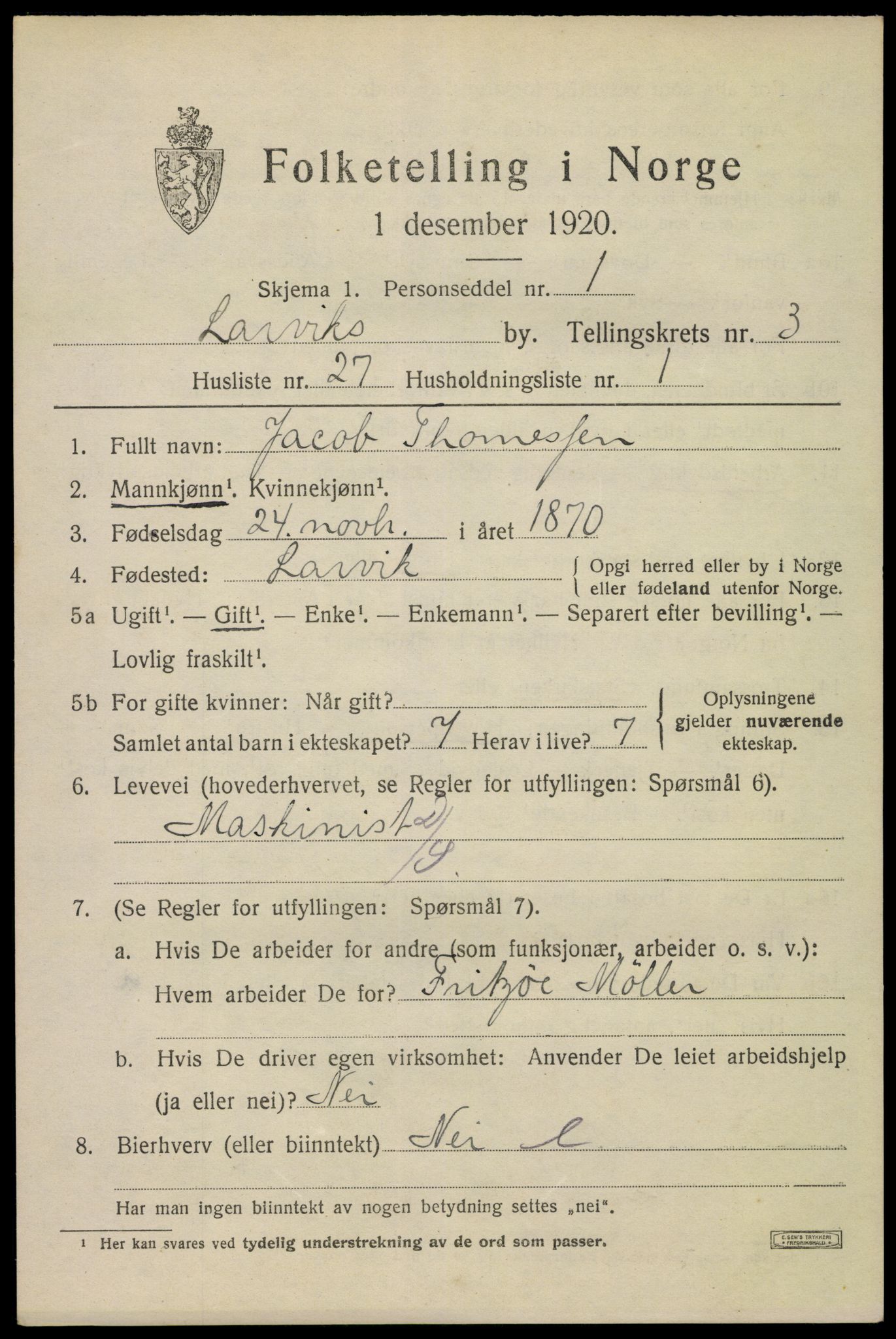 SAKO, 1920 census for Larvik, 1920, p. 12728