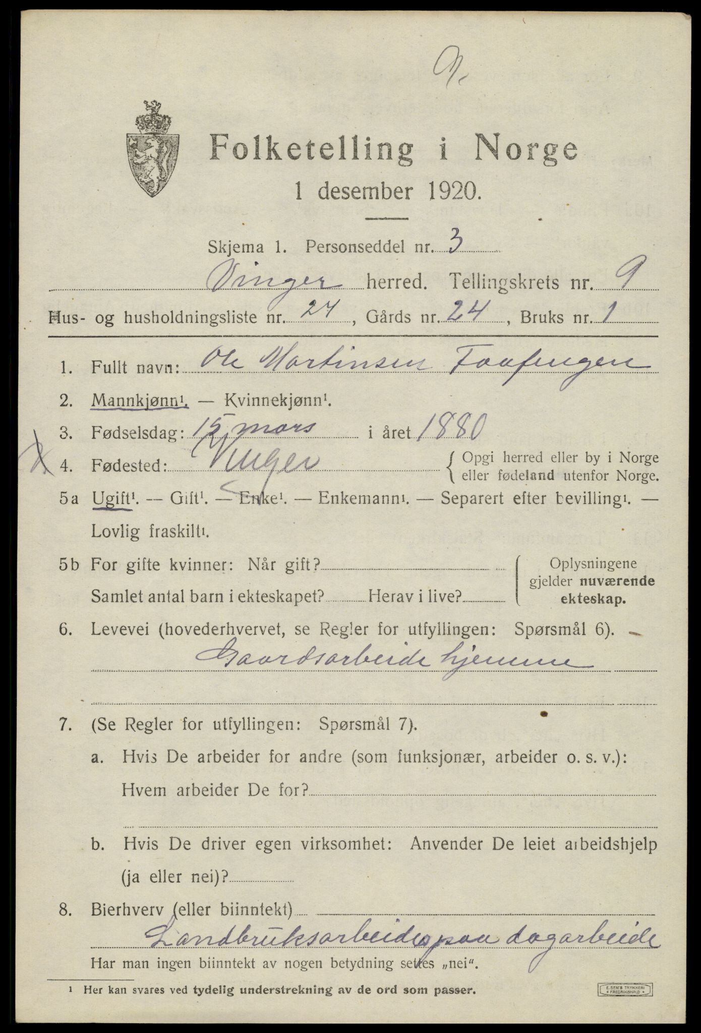 SAH, 1920 census for Vinger, 1920, p. 8374