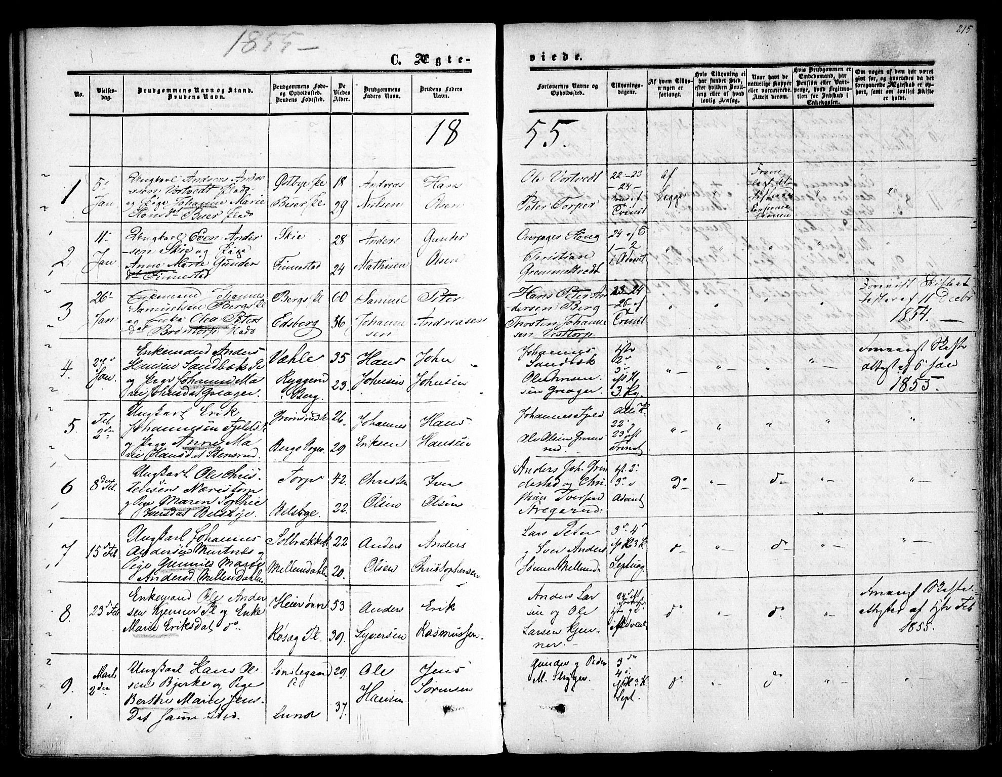 Rakkestad prestekontor Kirkebøker, AV/SAO-A-2008/F/Fa/L0009: Parish register (official) no. I 9, 1850-1856, p. 215