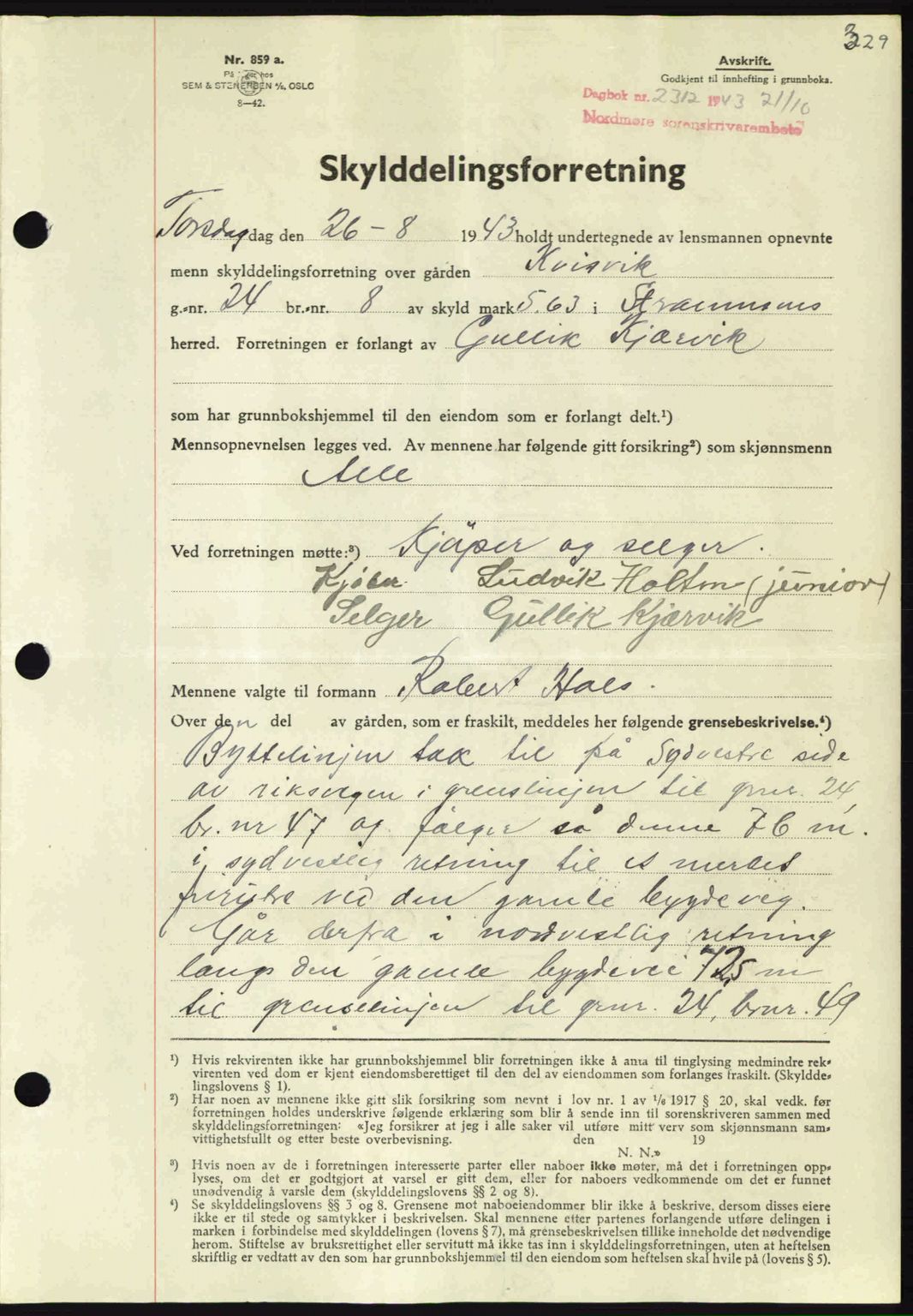 Nordmøre sorenskriveri, SAT/A-4132/1/2/2Ca: Mortgage book no. A96, 1943-1944, Diary no: : 2312/1943