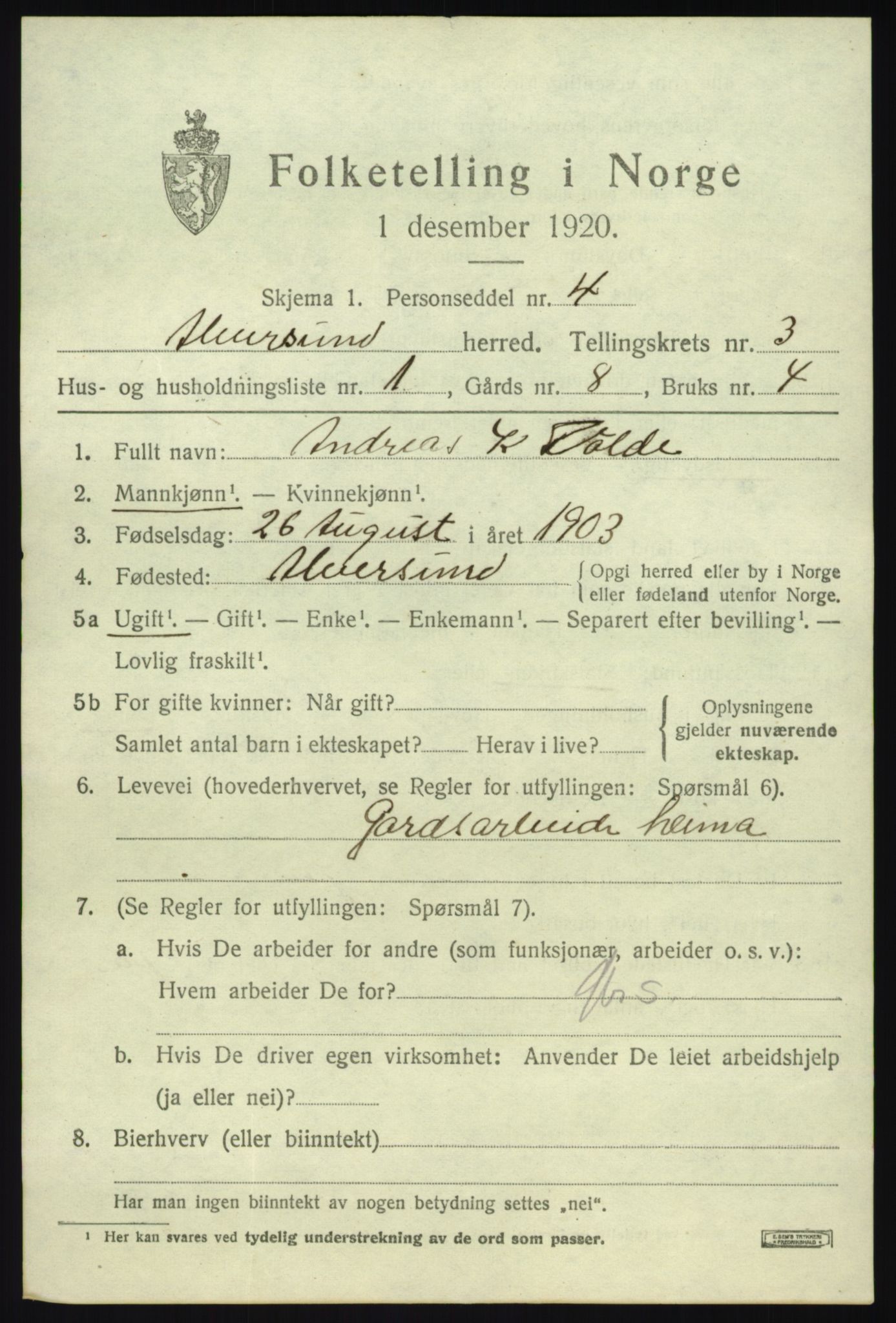 SAB, 1920 census for Alversund, 1920, p. 2022