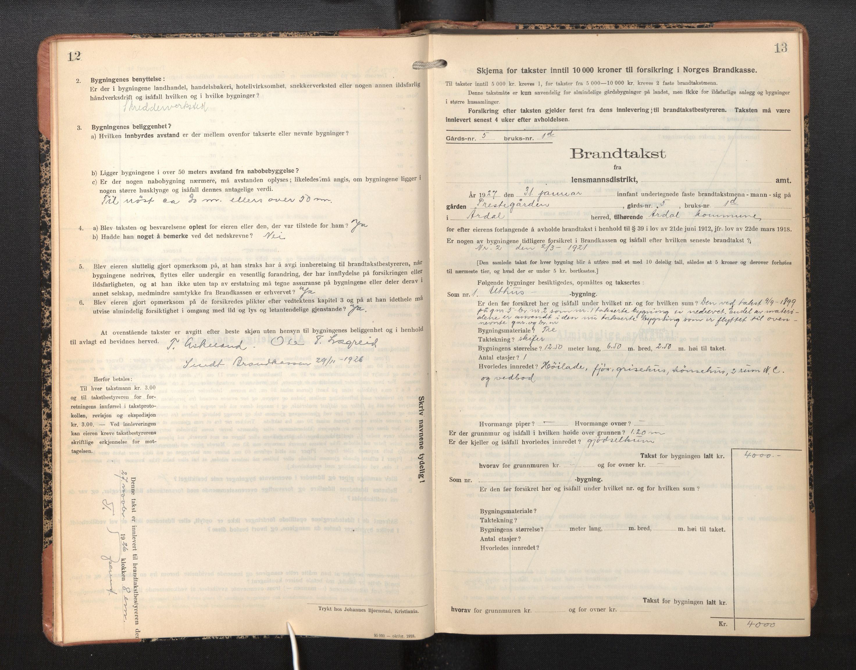 Lensmannen i Årdal, SAB/A-30501/0012/L0010: Branntakstprotokoll, skjematakst, 1926-1939, p. 12-13