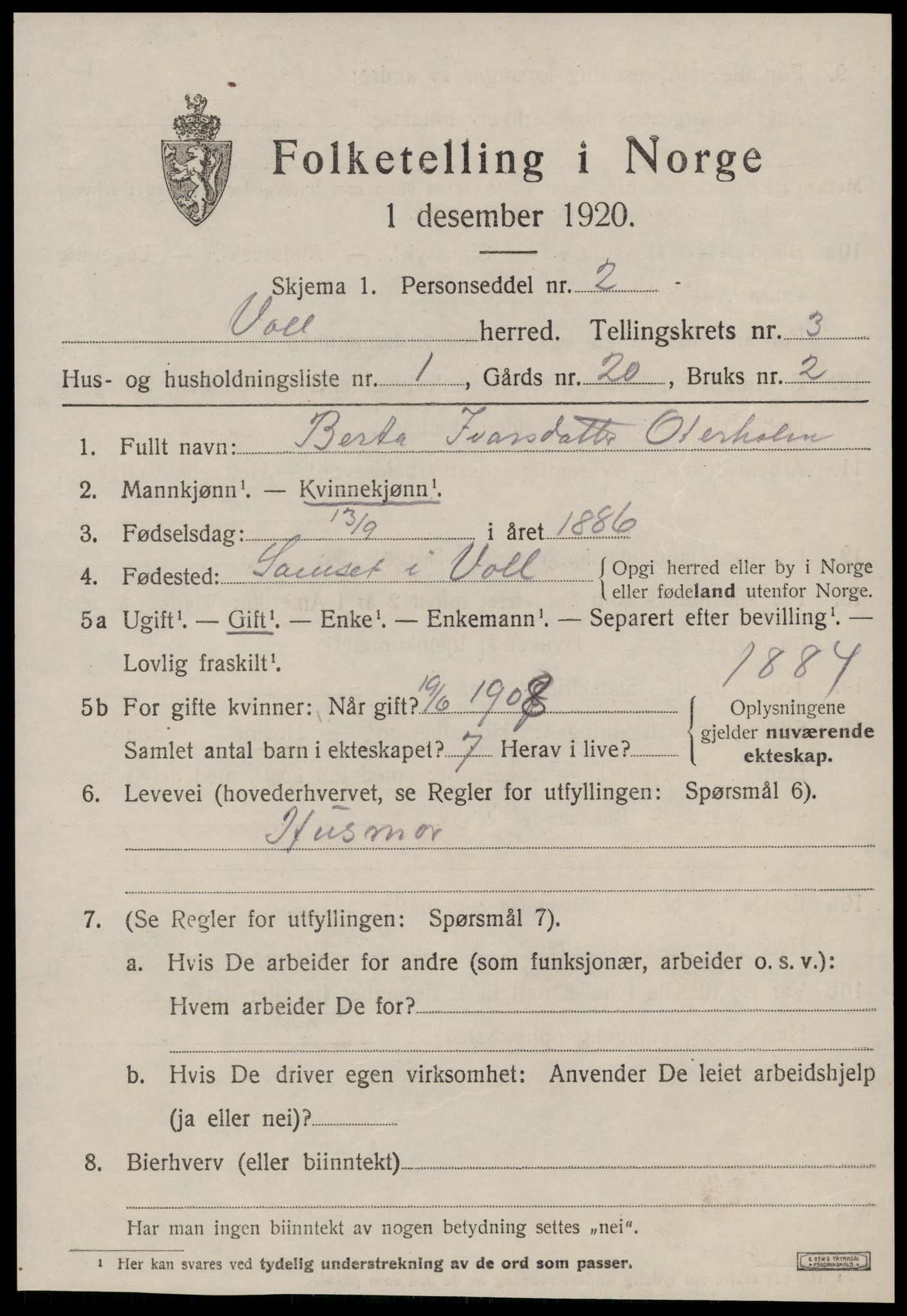 SAT, 1920 census for Voll, 1920, p. 1175