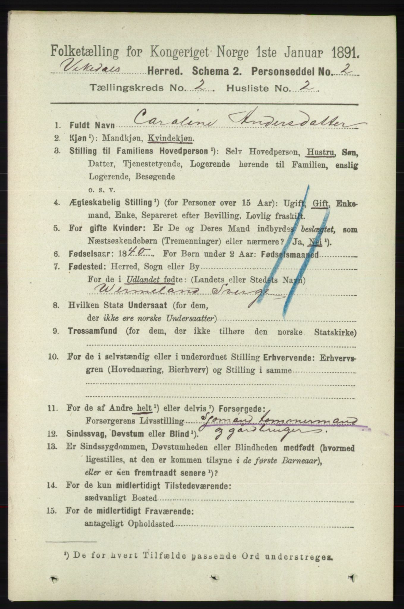 RA, 1891 census for 1157 Vikedal, 1891, p. 292