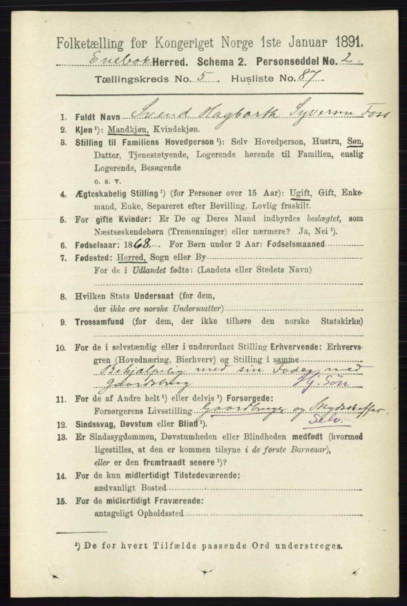 RA, 1891 census for 0229 Enebakk, 1891, p. 2520